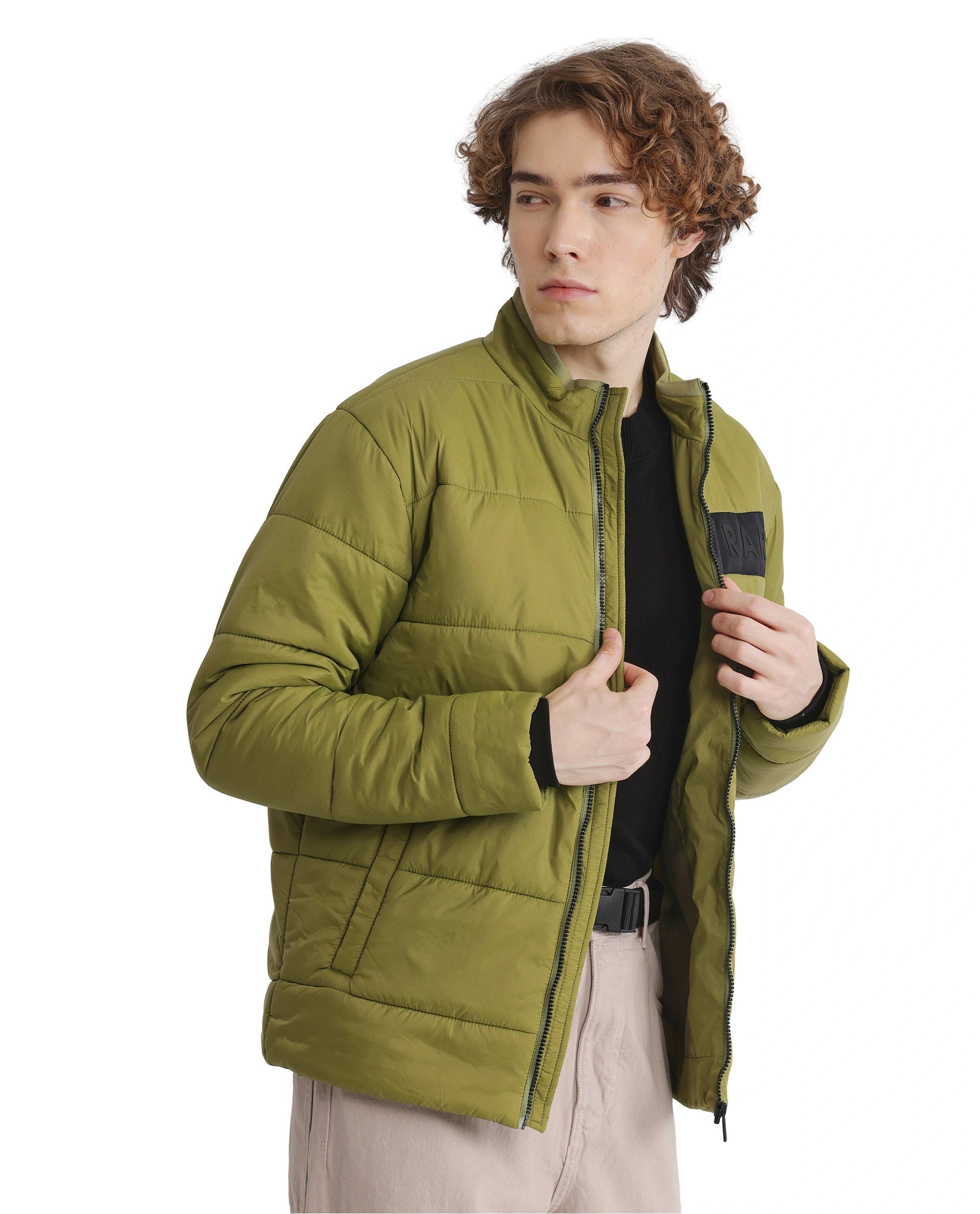 Rare Rabbit Men's Bront Flouroscent Green Nylon Fabric Full Sleeve Curved Collar Regular Fit Plain Jacket