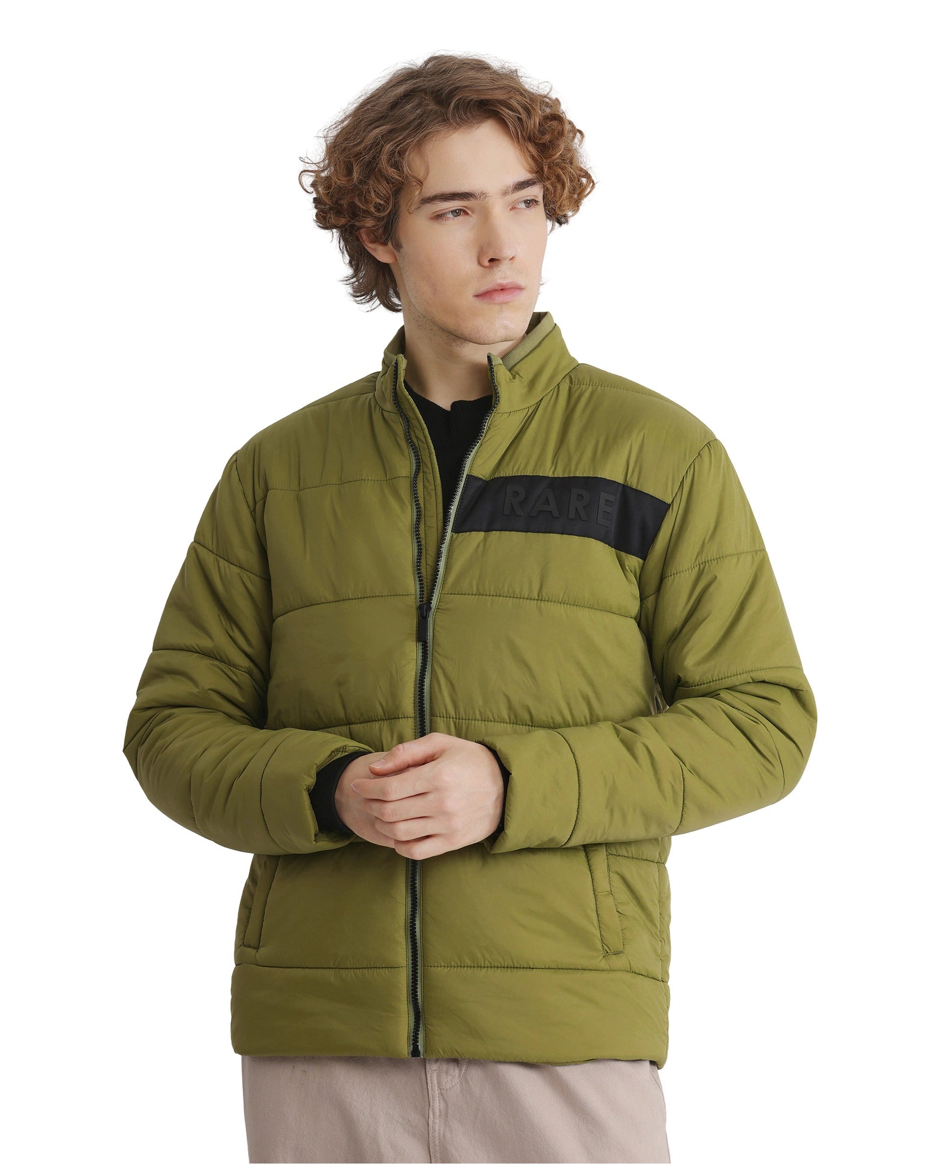 Rare Rabbit Men's Bront Flouroscent Green Nylon Fabric Full Sleeve Curved Collar Regular Fit Plain Jacket
