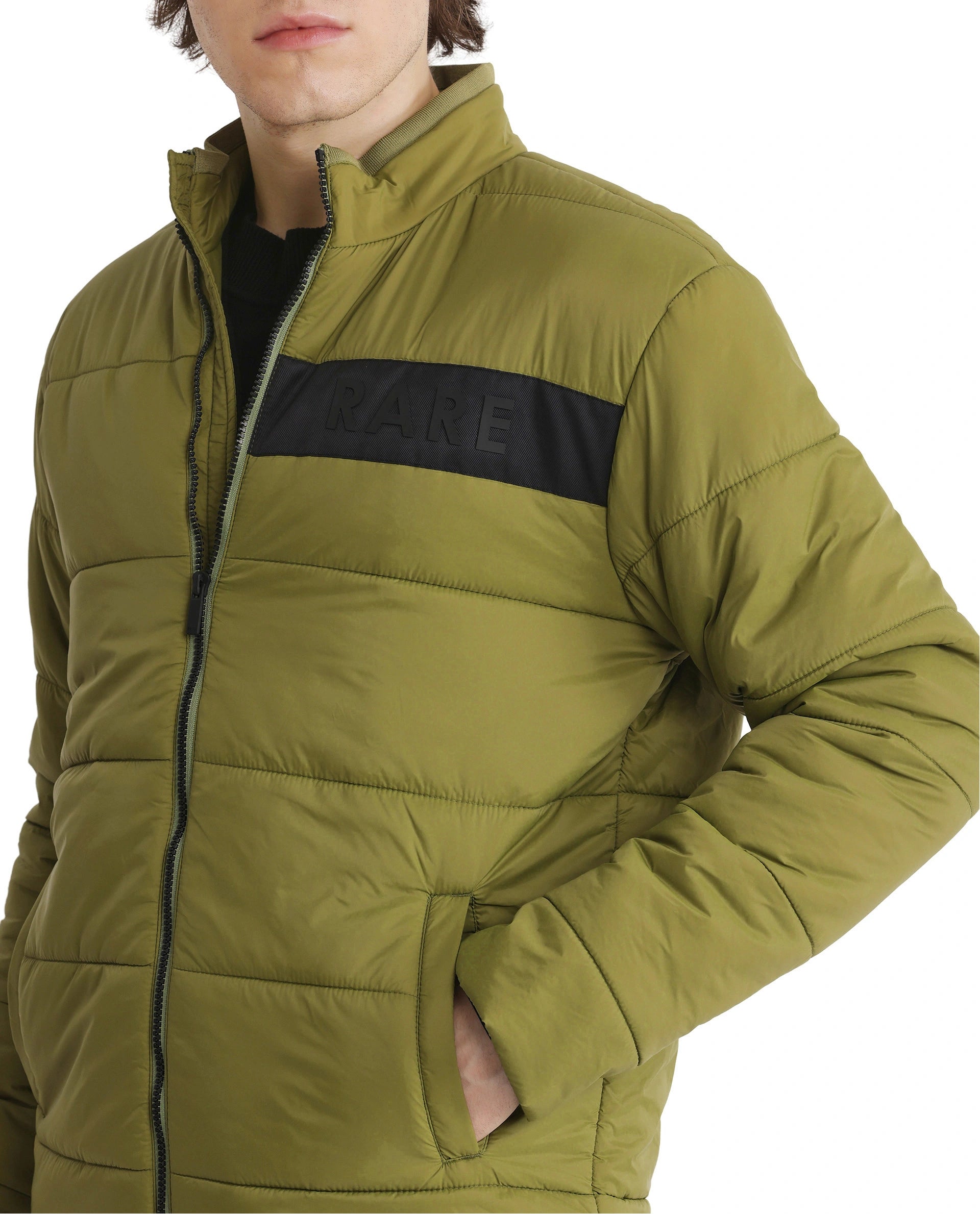 Rare Rabbit Men's Bront Flouroscent Green Nylon Fabric Full Sleeve Curved Collar Regular Fit Plain Jacket