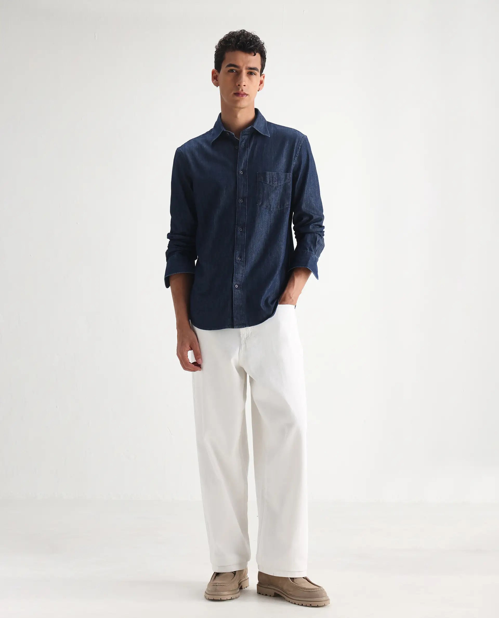 Rare Rabbit Men's Bron White Cotton Plain Baggy Fit Jeans