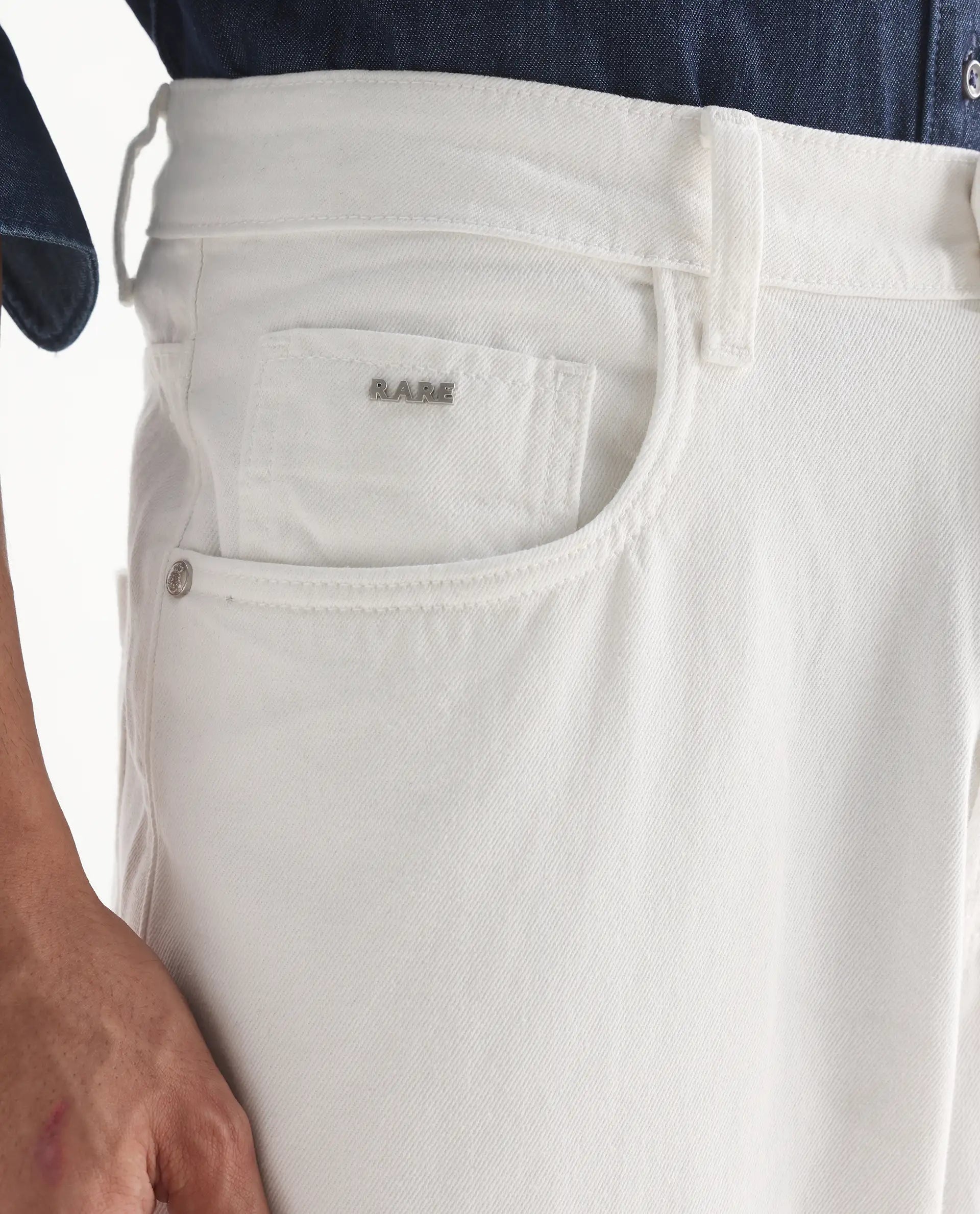 Rare Rabbit Men's Bron White Cotton Plain Baggy Fit Jeans