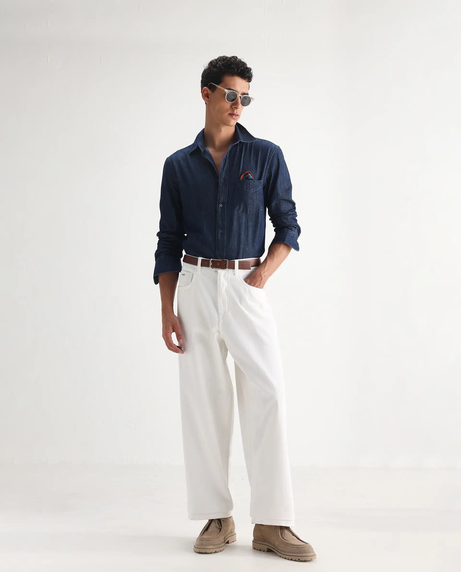 Rare Rabbit Men's Bron White Cotton Plain Baggy Fit Jeans