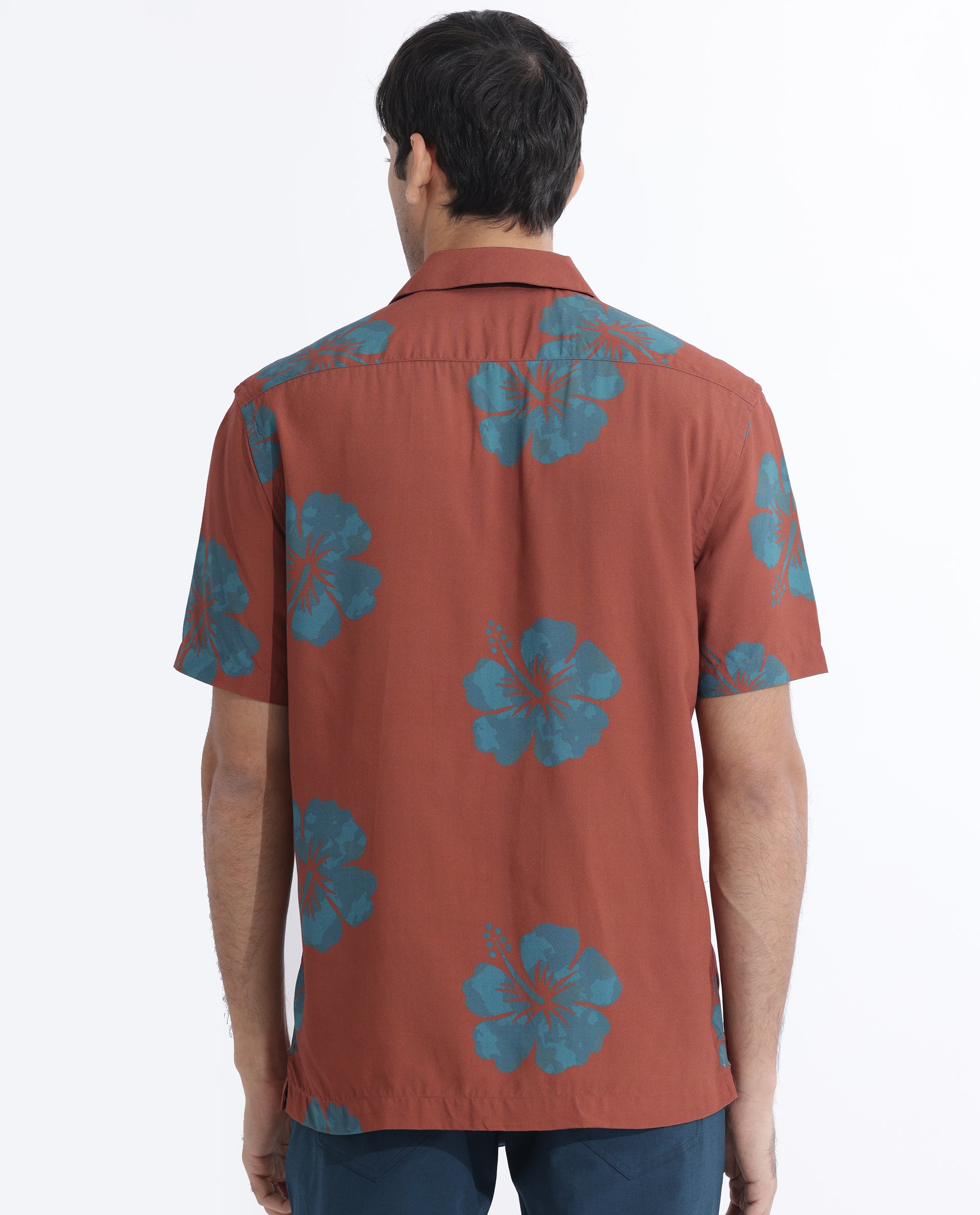 Rare Rabbit Men's Bronzac Brown Viscose Fabric Cuban Collar Floral Print Half Sleeves Shirt