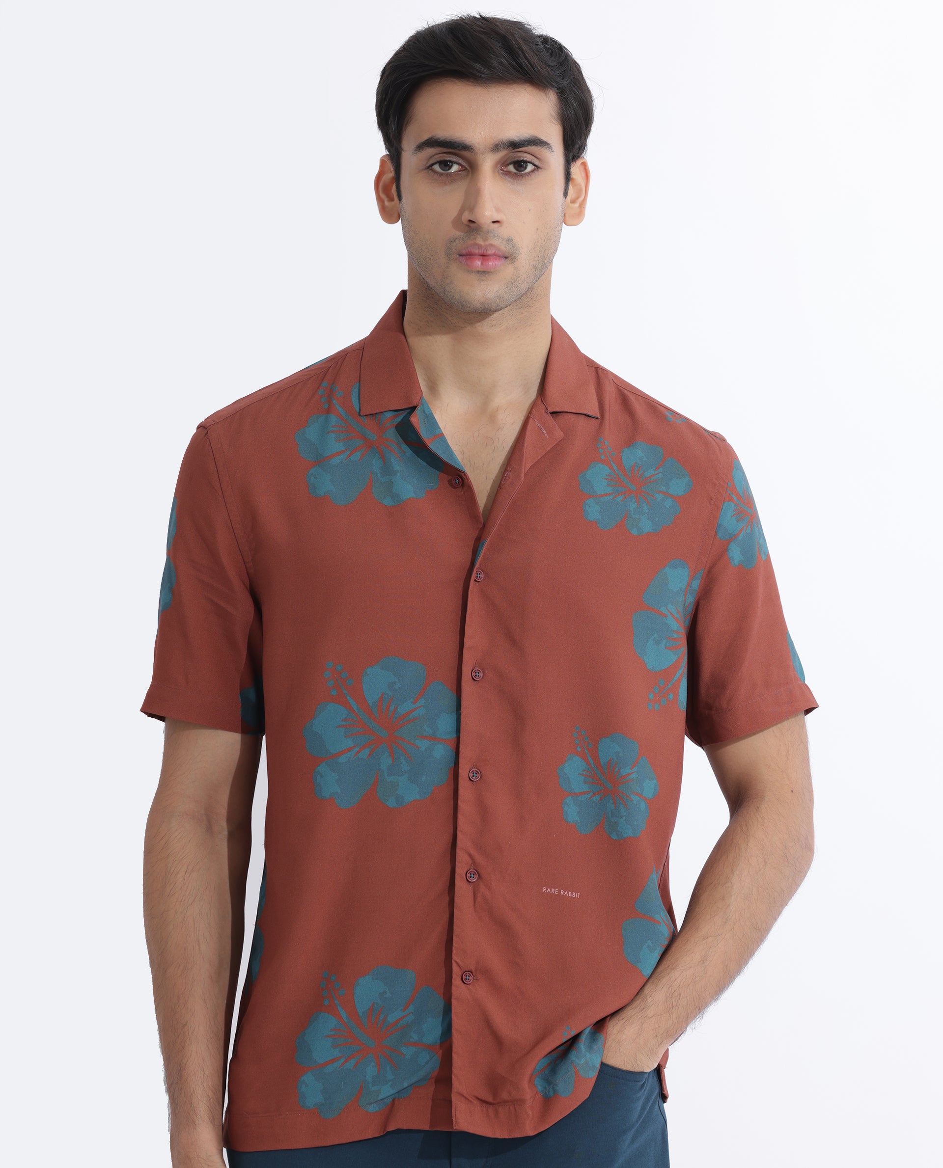 Rare Rabbit Men's Bronzac Brown Viscose Fabric Cuban Collar Floral Print Half Sleeves Shirt