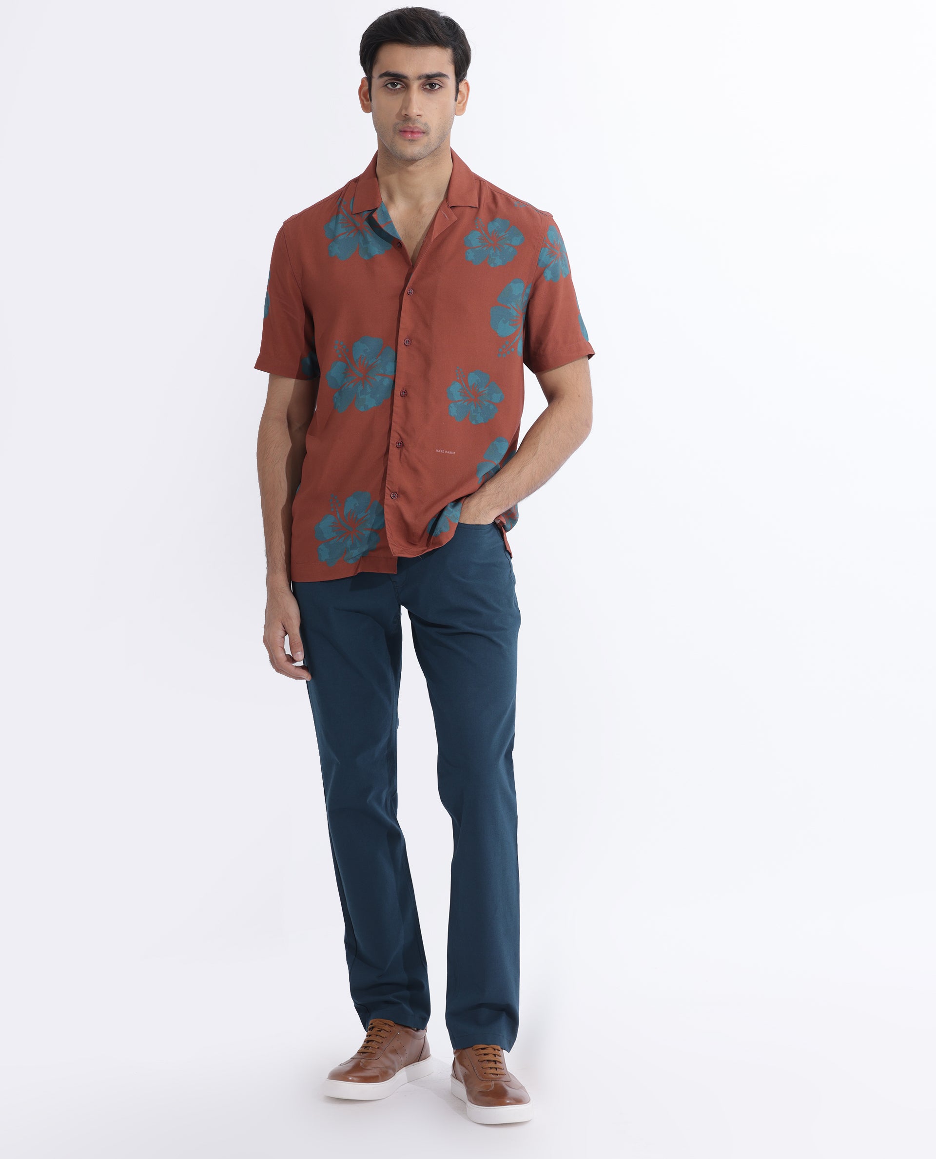 Rare Rabbit Men's Bronzac Brown Viscose Fabric Cuban Collar Floral Print Half Sleeves Shirt