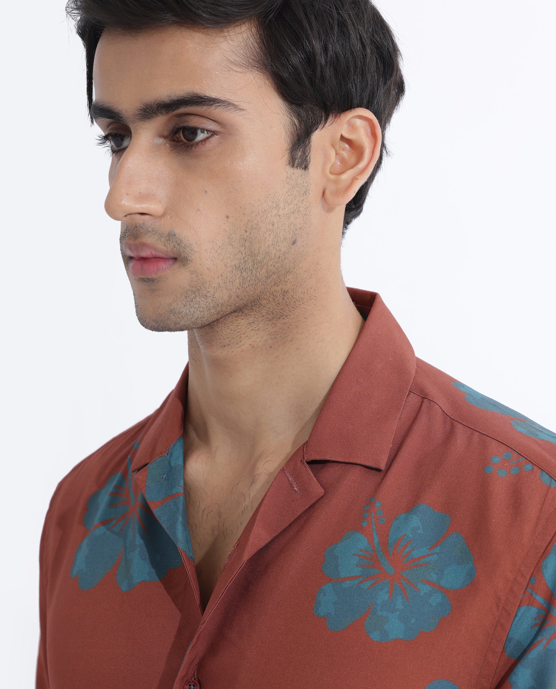 Rare Rabbit Men's Bronzac Brown Viscose Fabric Cuban Collar Floral Print Half Sleeves Shirt