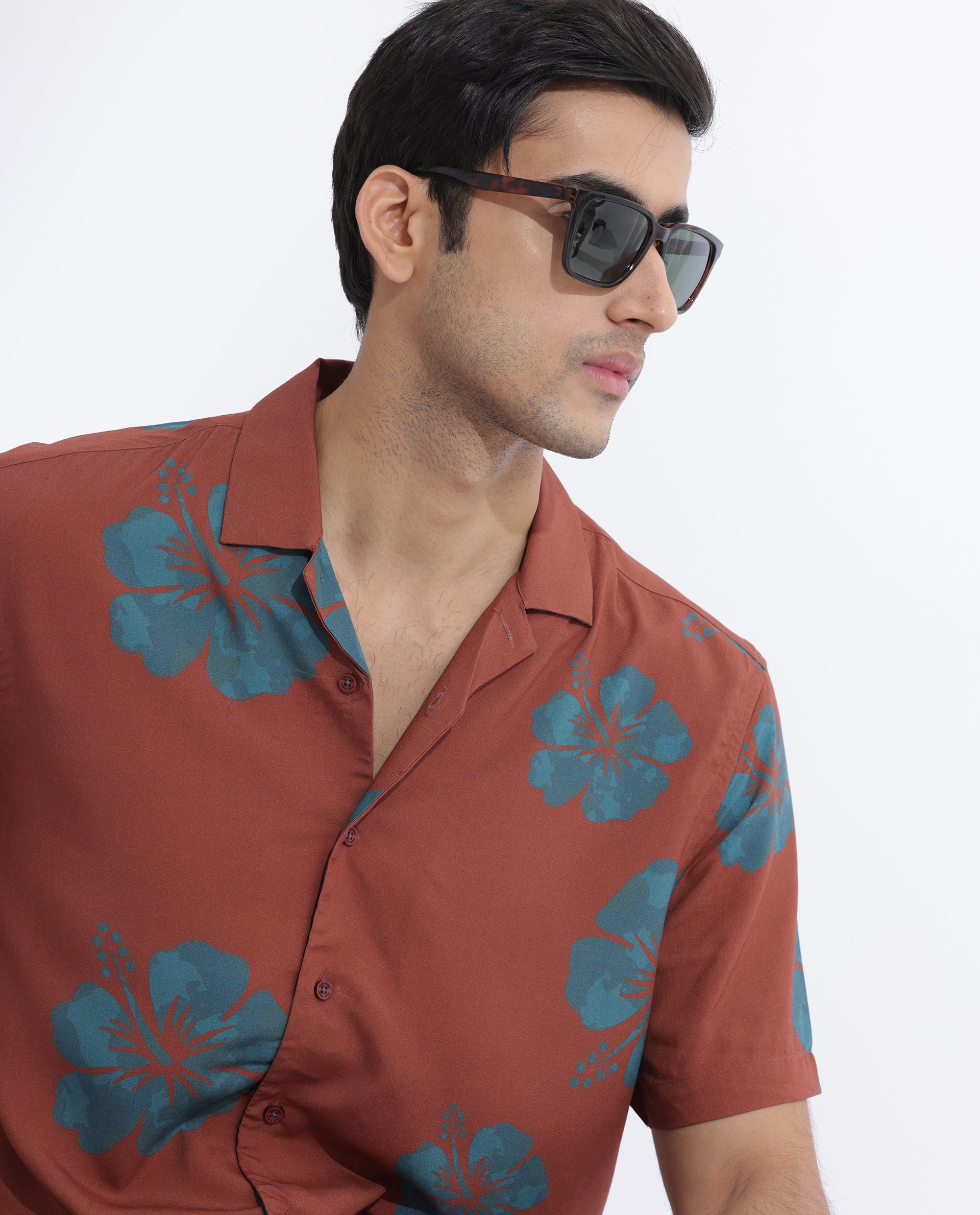 Rare Rabbit Men's Bronzac Brown Viscose Fabric Cuban Collar Floral Print Half Sleeves Shirt