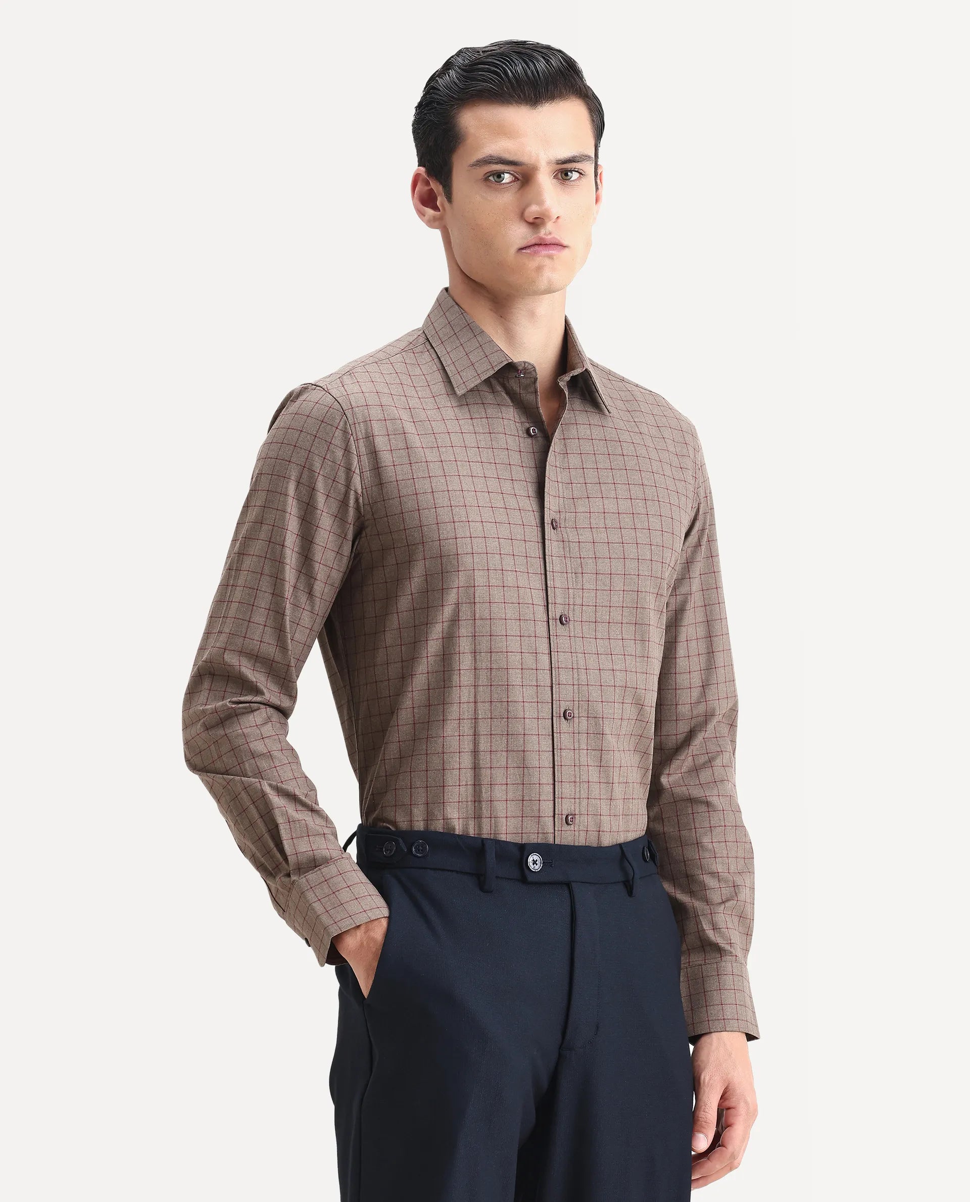 Rare Rabbit Men's Bronz Brown Cotton Checked Print Regular Fit Full Sleeve Collared Shirt