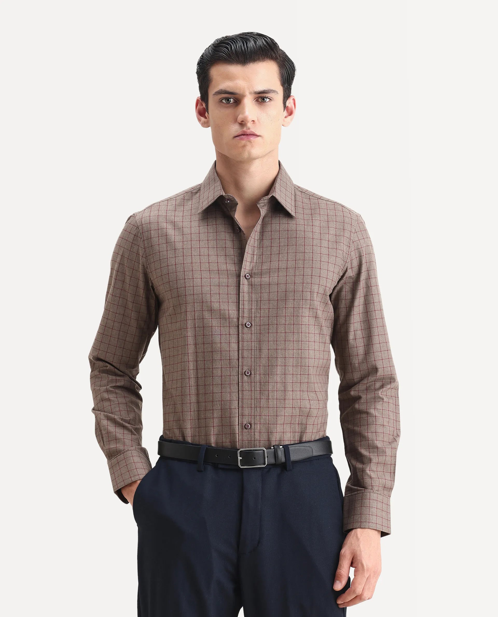 Rare Rabbit Men's Bronz Brown Cotton Checked Print Regular Fit Full Sleeve Collared Shirt