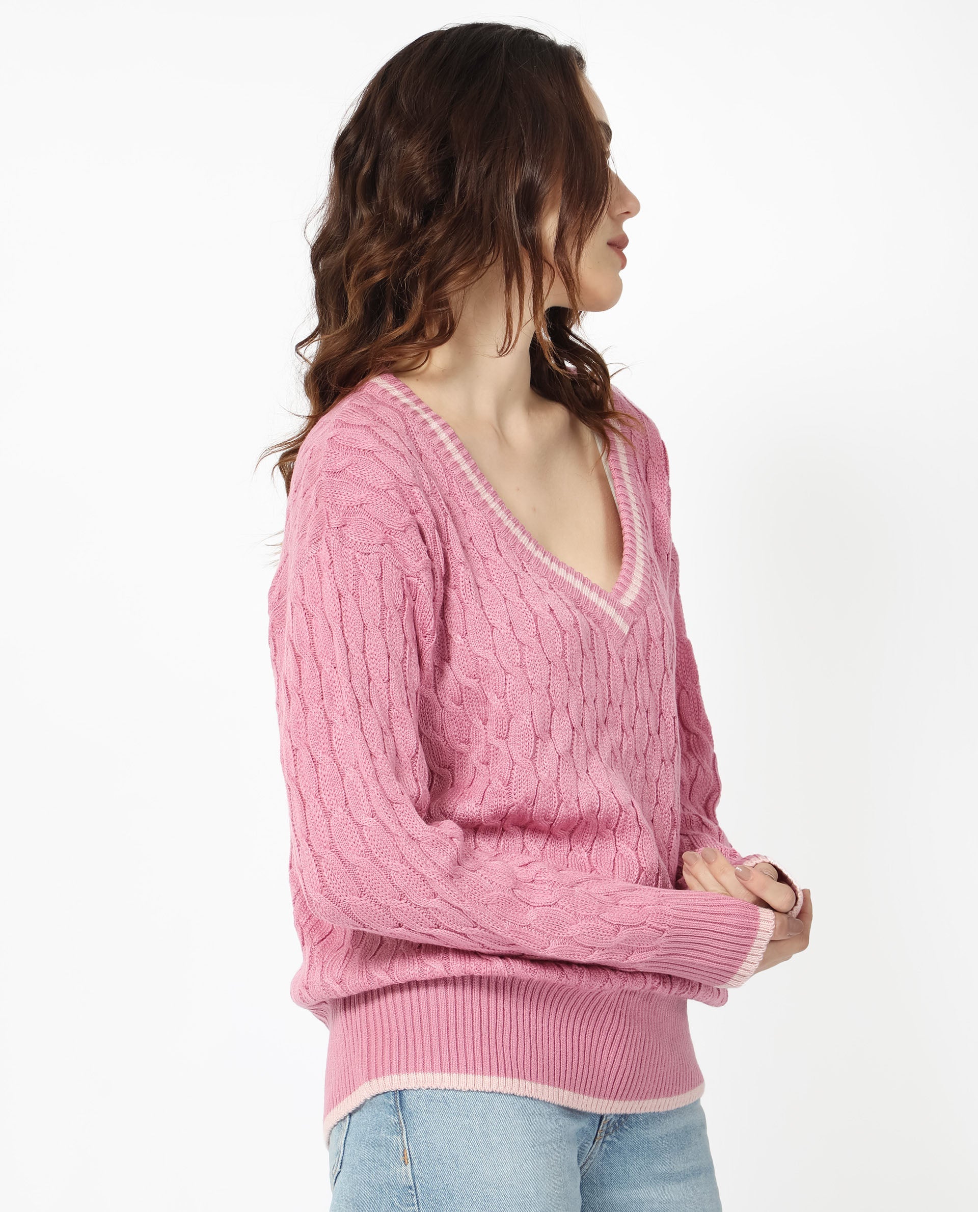 Rareism Women Broun Dusky Pink Acrylic Fabric Full Sleeves V-Neck Relaxed Fit Plain Sweater