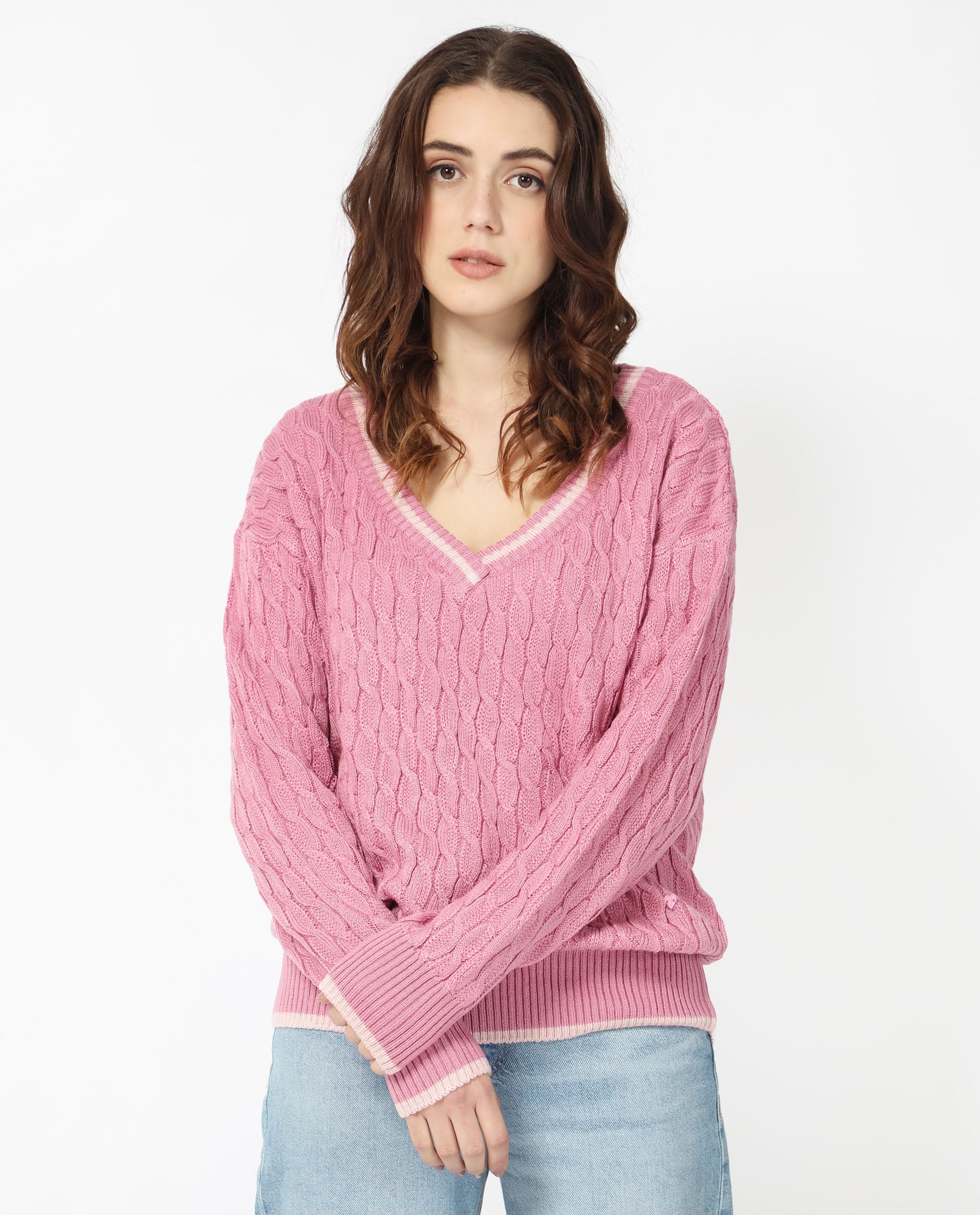 Rareism Women Broun Dusky Pink Acrylic Fabric Full Sleeves V-Neck Relaxed Fit Plain Sweater