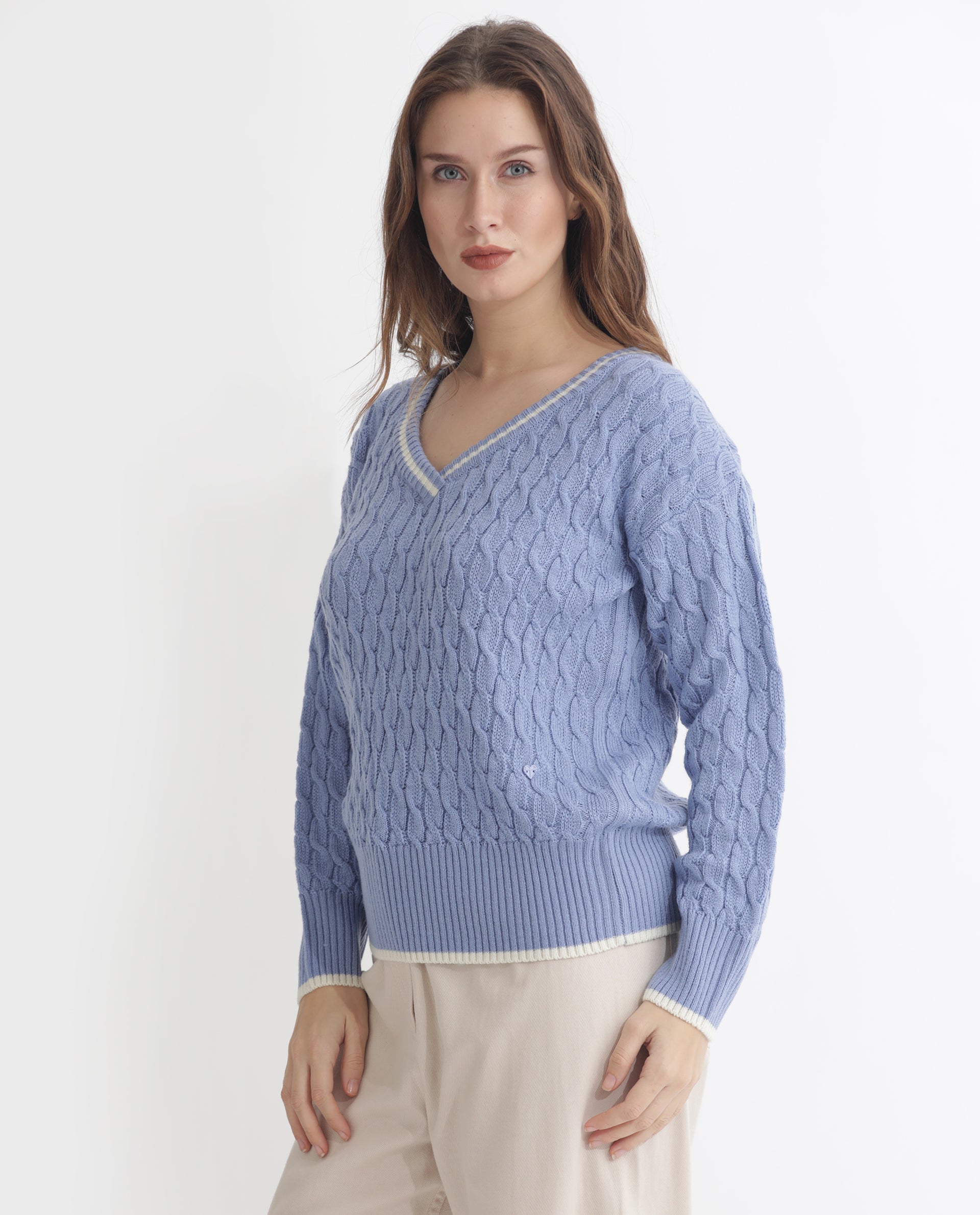 Rareism Women Broun Light Blue Acrylic Fabric Full Sleeves Relaxed Fit Solid V-Neck Sweater