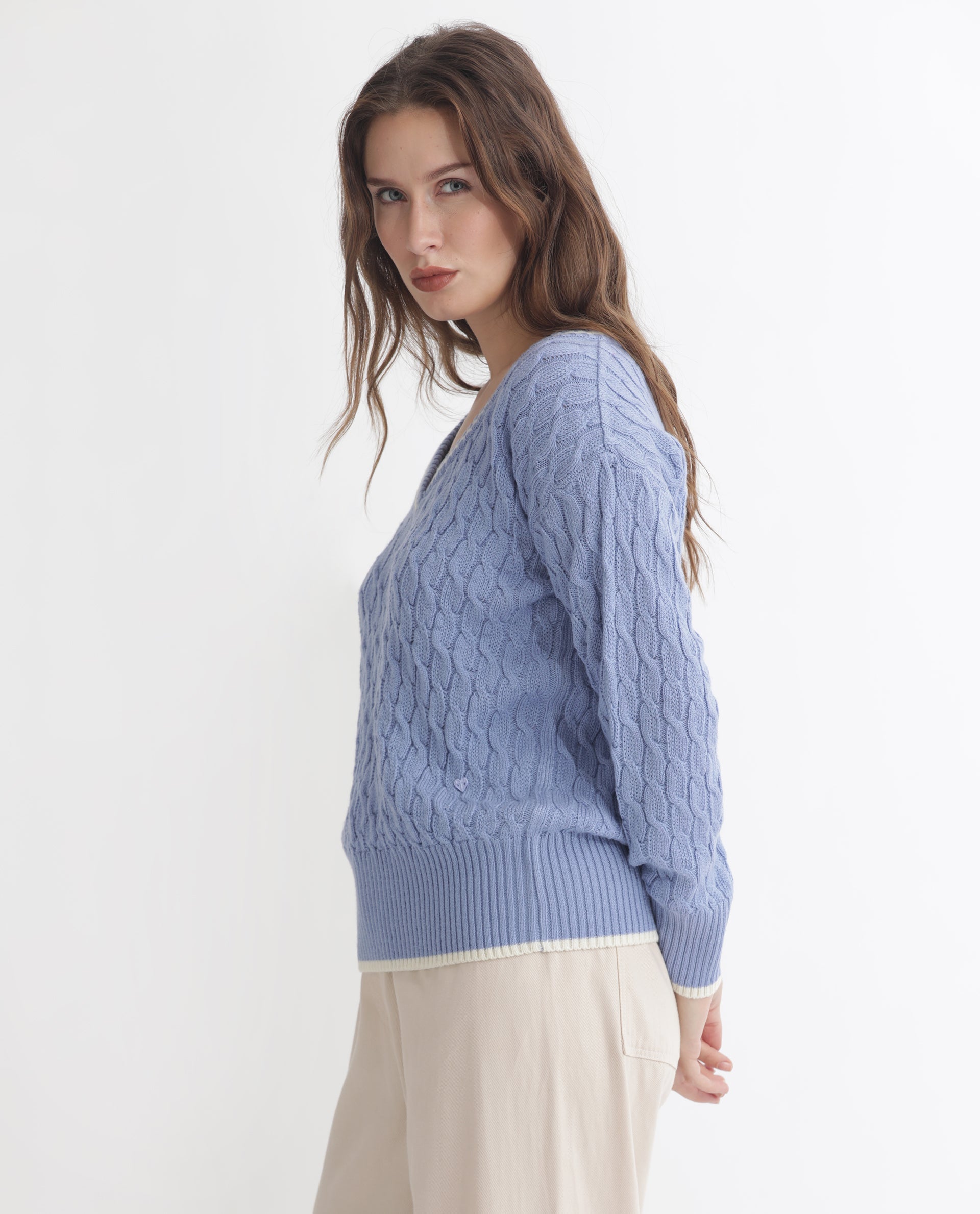 Rareism Women Broun Light Blue Acrylic Fabric Full Sleeves Relaxed Fit Solid V-Neck Sweater