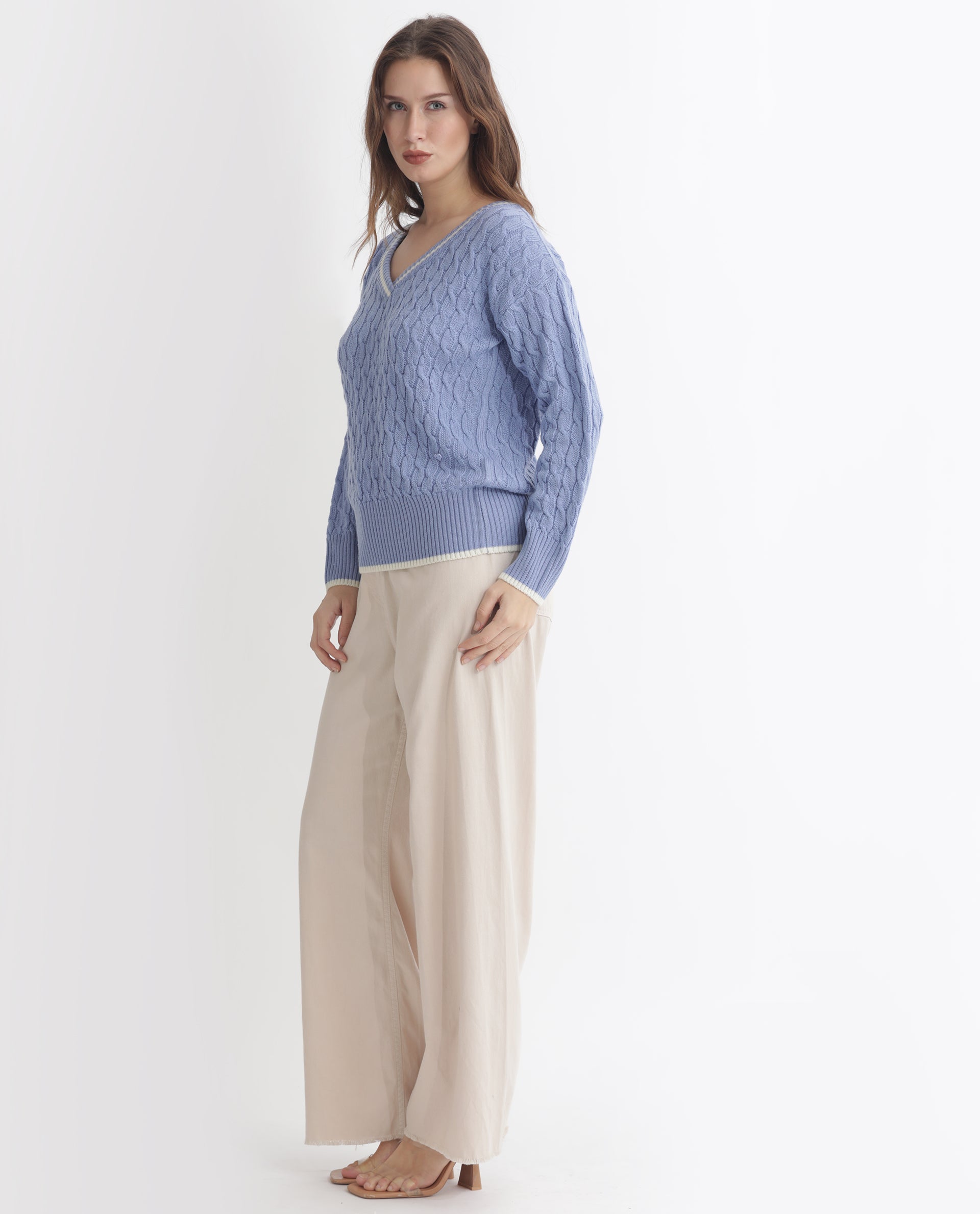 Rareism Women Broun Light Blue Acrylic Fabric Full Sleeves Relaxed Fit Solid V-Neck Sweater