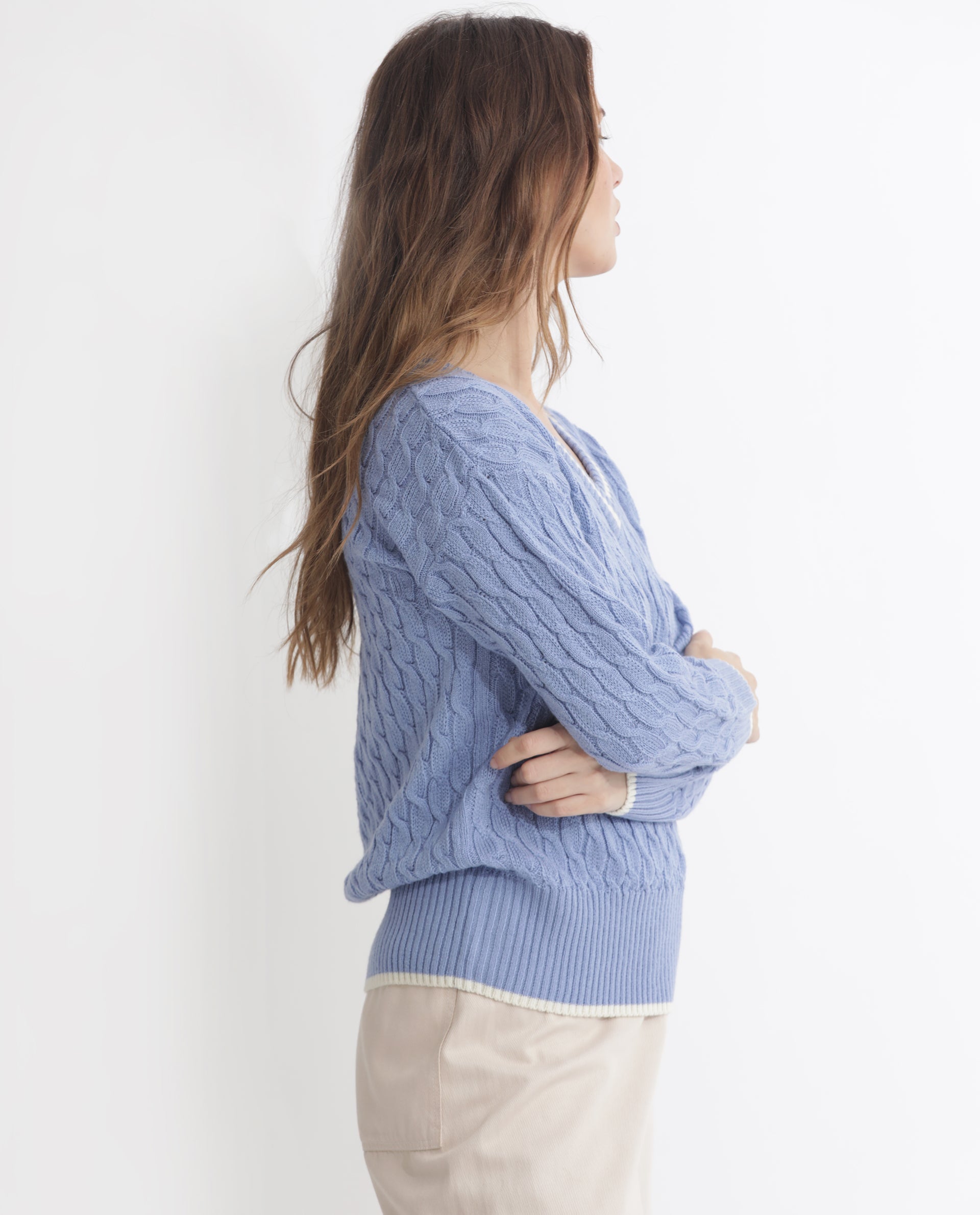 Rareism Women Broun Light Blue Acrylic Fabric Full Sleeves Relaxed Fit Solid V-Neck Sweater