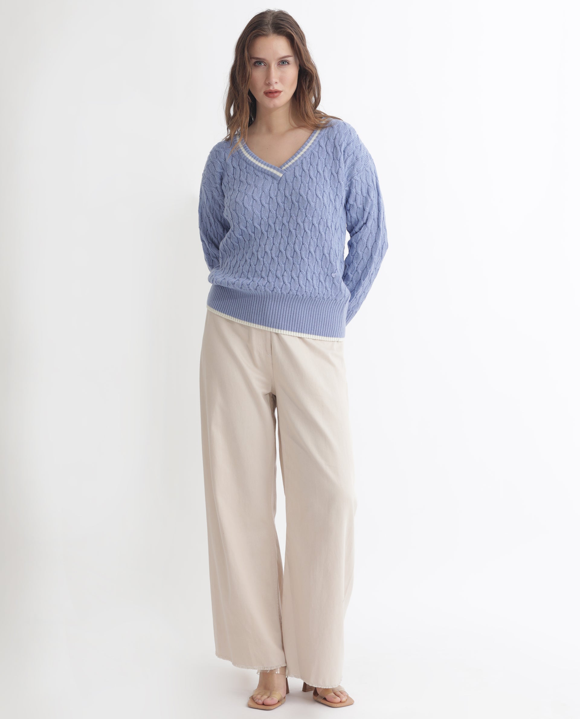 Rareism Women Broun Light Blue Acrylic Fabric Full Sleeves Relaxed Fit Solid V-Neck Sweater