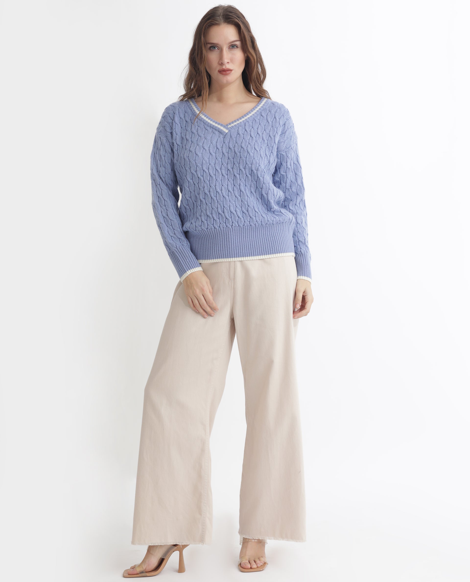 Rareism Women Broun Light Blue Acrylic Fabric Full Sleeves Relaxed Fit Solid V-Neck Sweater