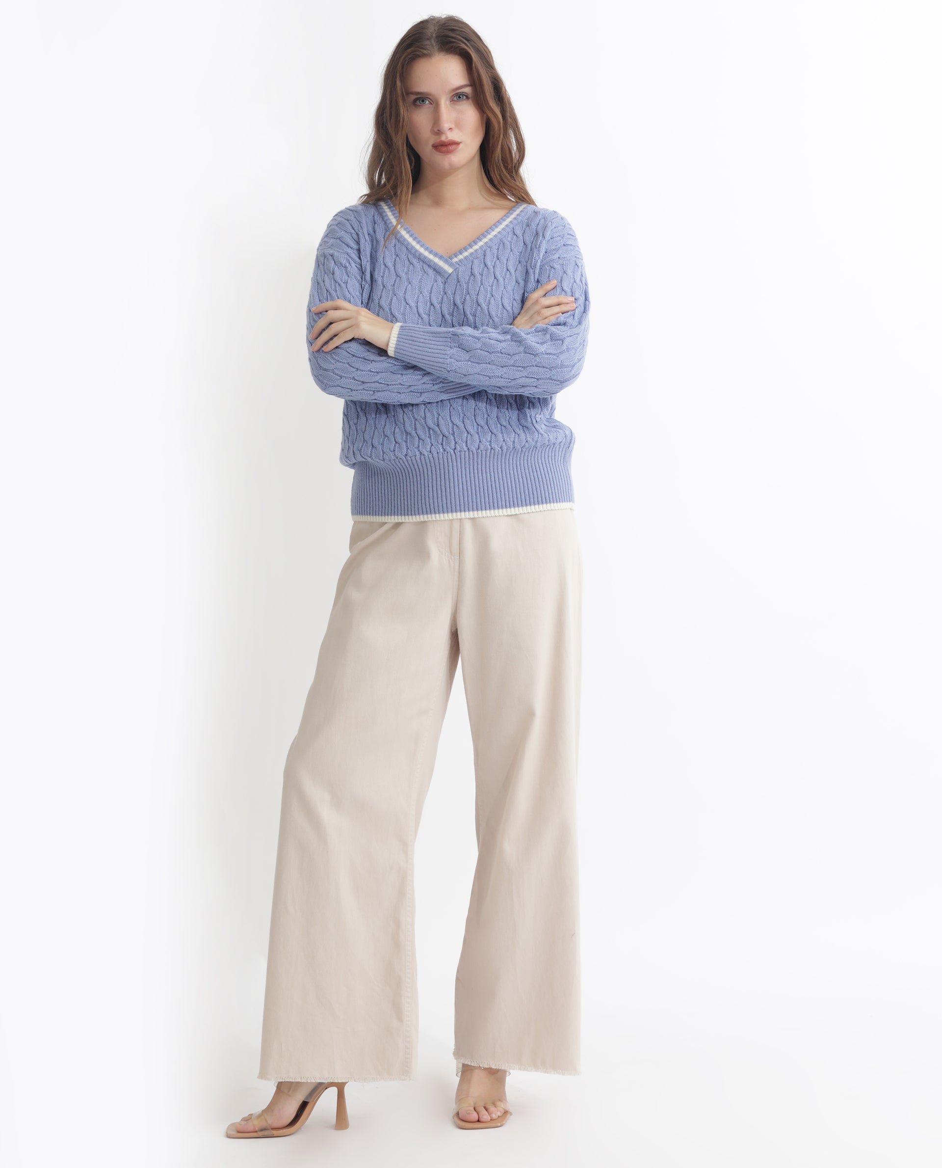 Rareism Women Broun Light Blue Acrylic Fabric Full Sleeves Relaxed Fit Solid V-Neck Sweater