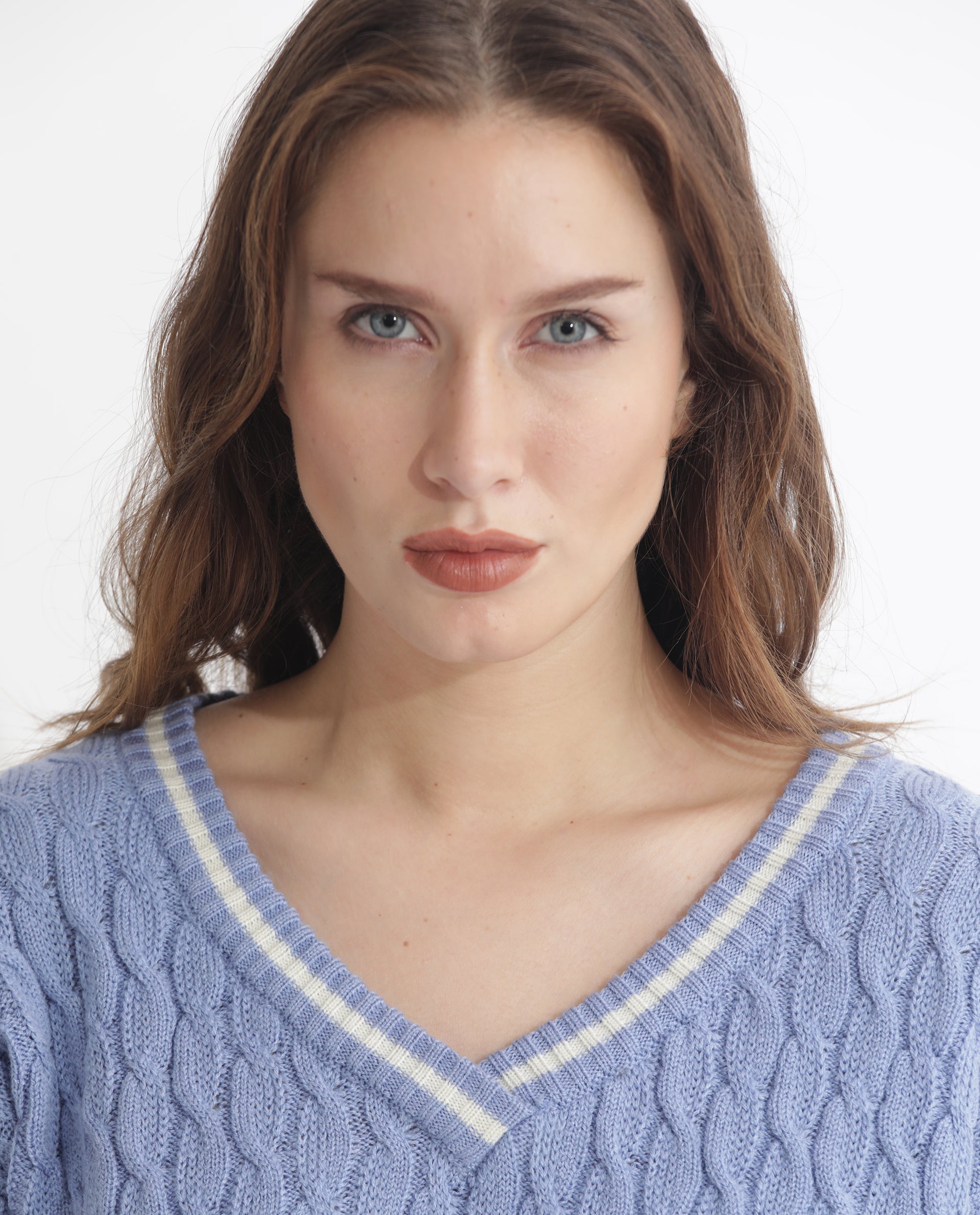 Rareism Women Broun Light Blue Acrylic Fabric Full Sleeves Relaxed Fit Solid V-Neck Sweater