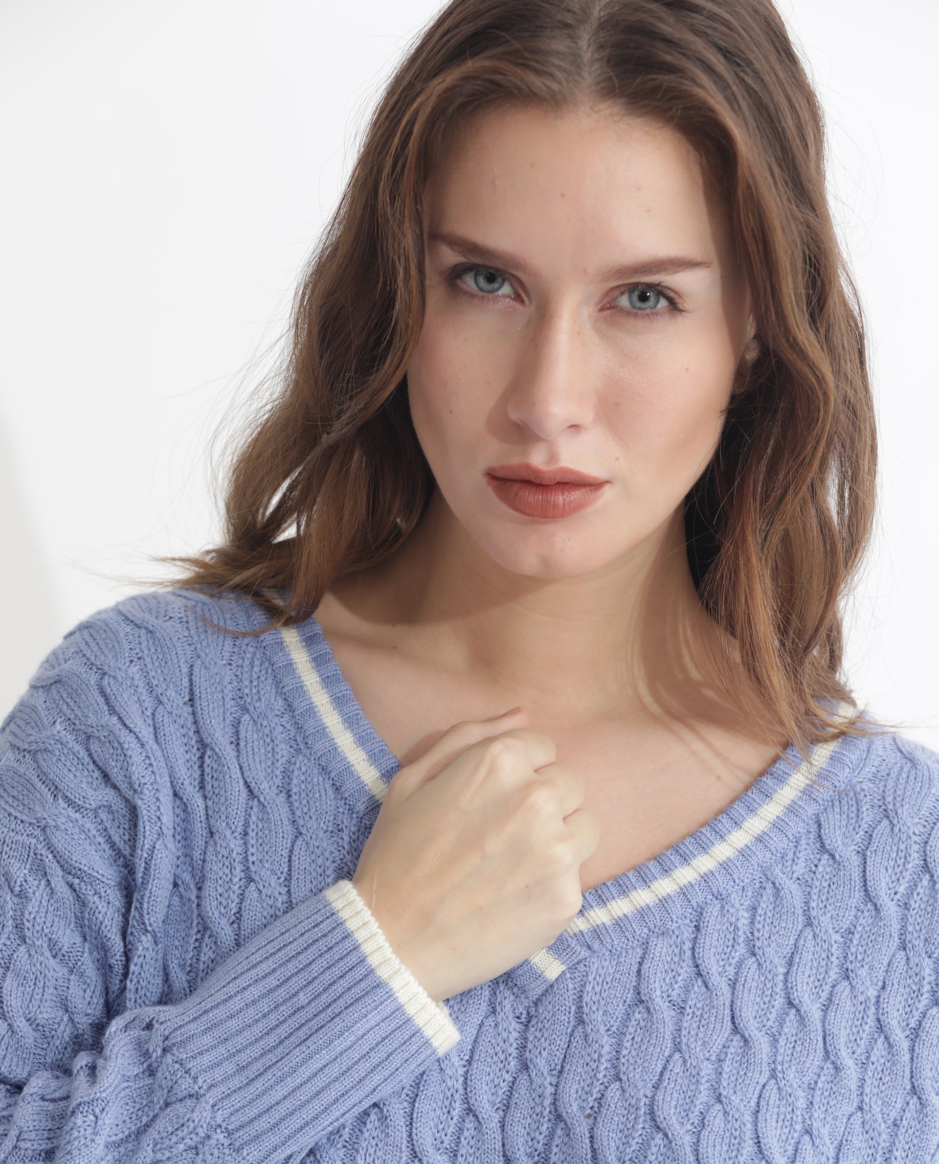 Rareism Women Broun Light Blue Acrylic Fabric Full Sleeves Relaxed Fit Solid V-Neck Sweater