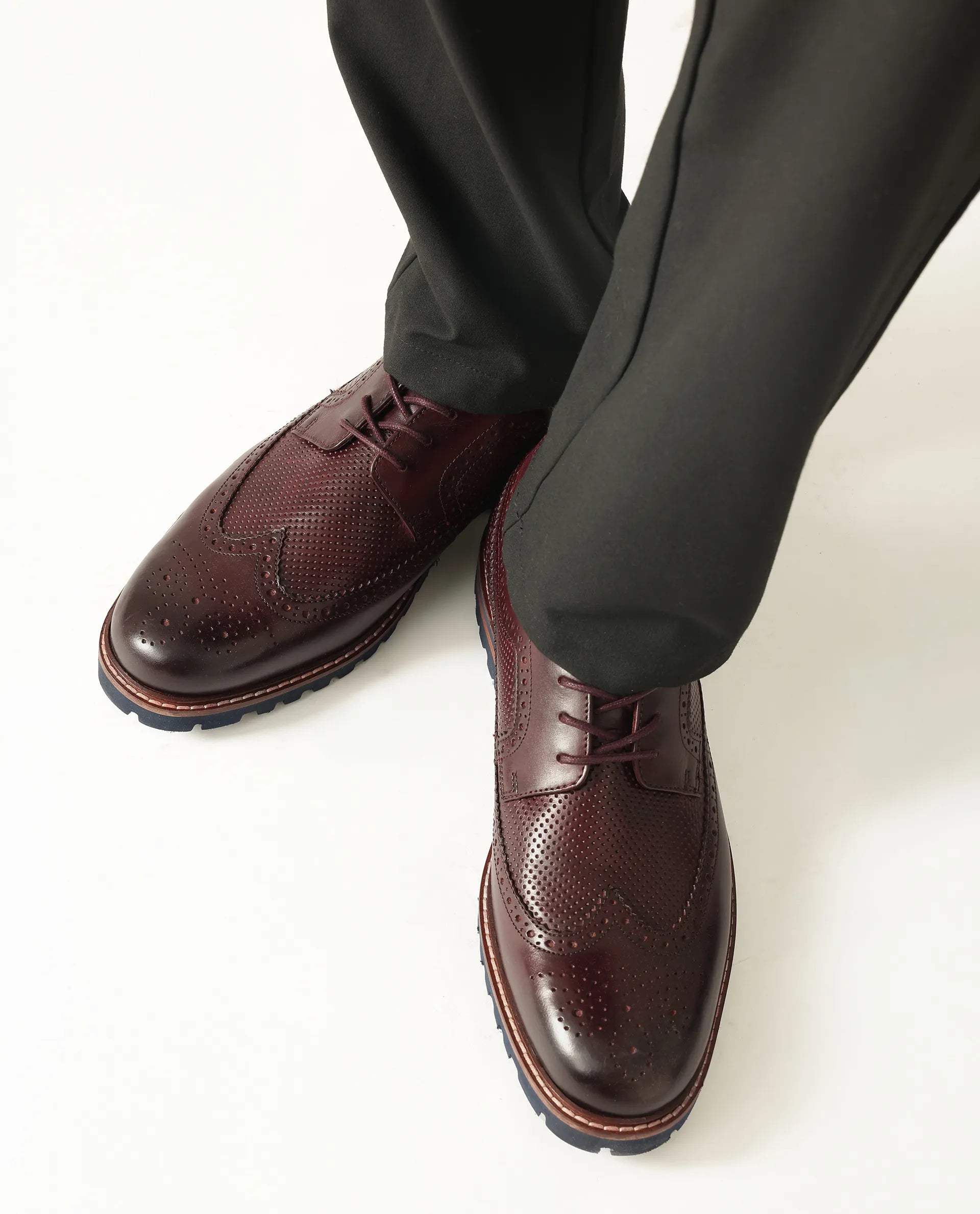 Rare Rabbit Mens Brox Maroon Derby Lace-Up Brogue Detailing Leather Formal Shoes