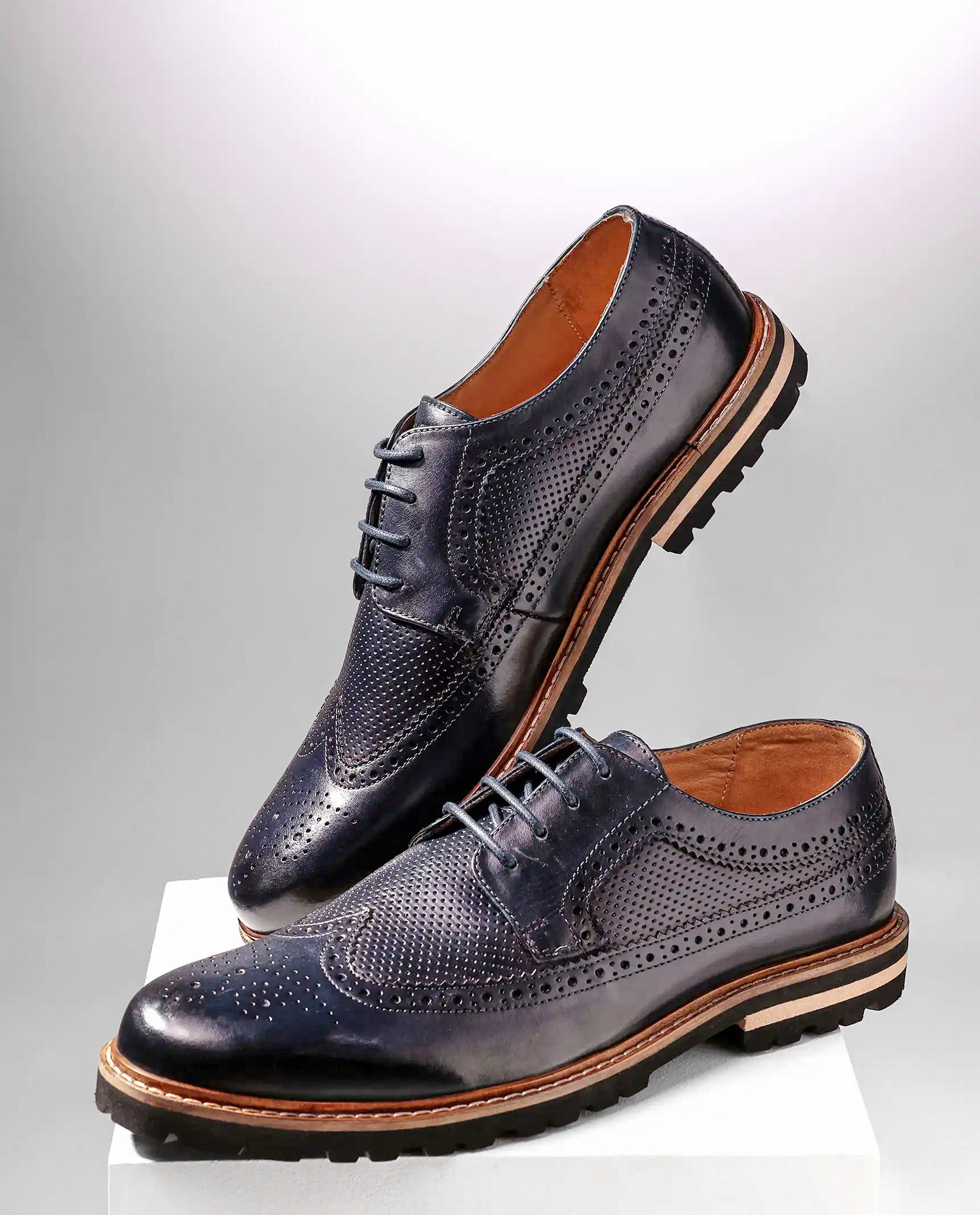 Rare Rabbit Mens Brox Navy Derby Lace-Up Brogue Detailing Leather Formal Shoes