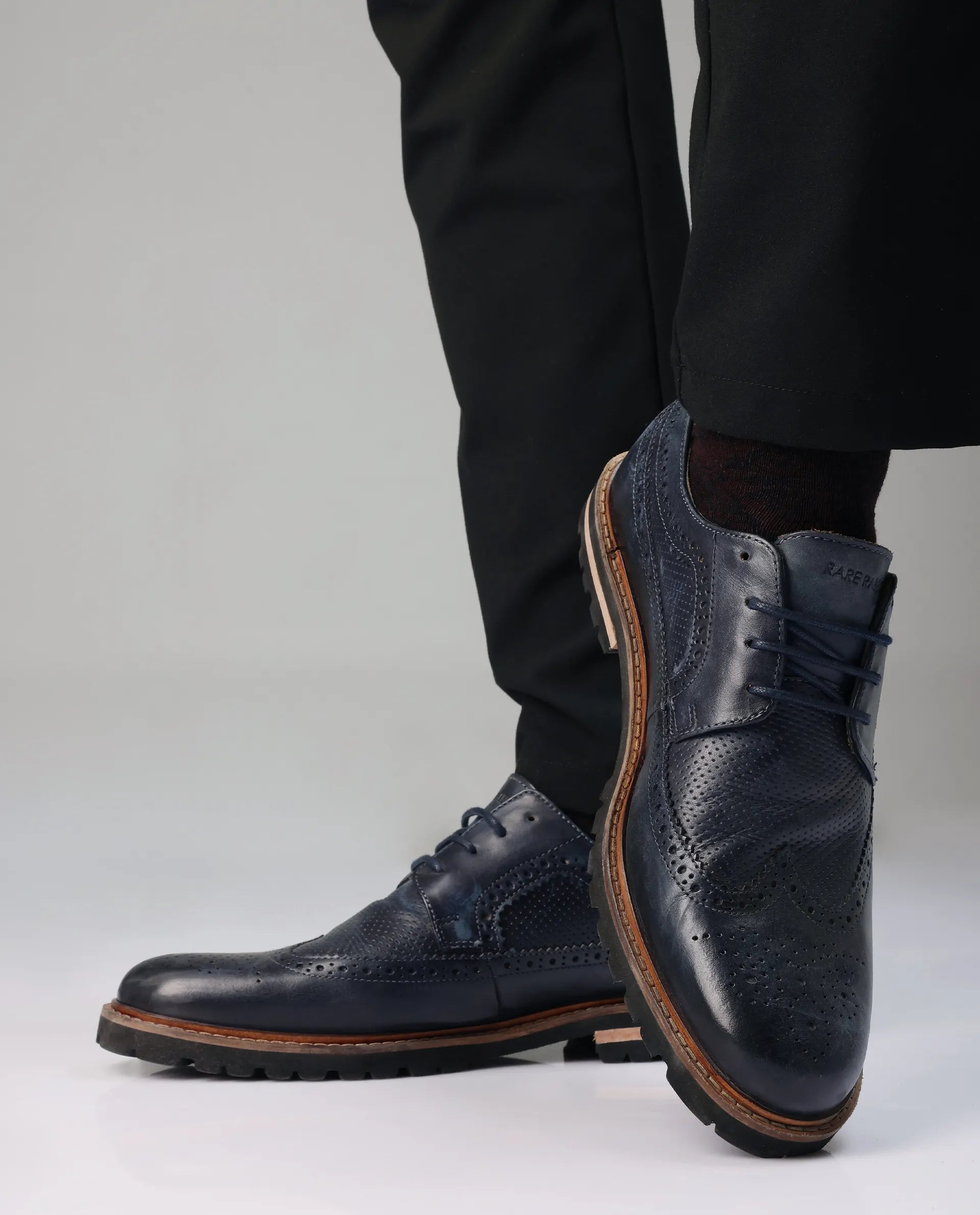 Rare Rabbit Mens Brox Navy Derby Lace-Up Brogue Detailing Leather Formal Shoes