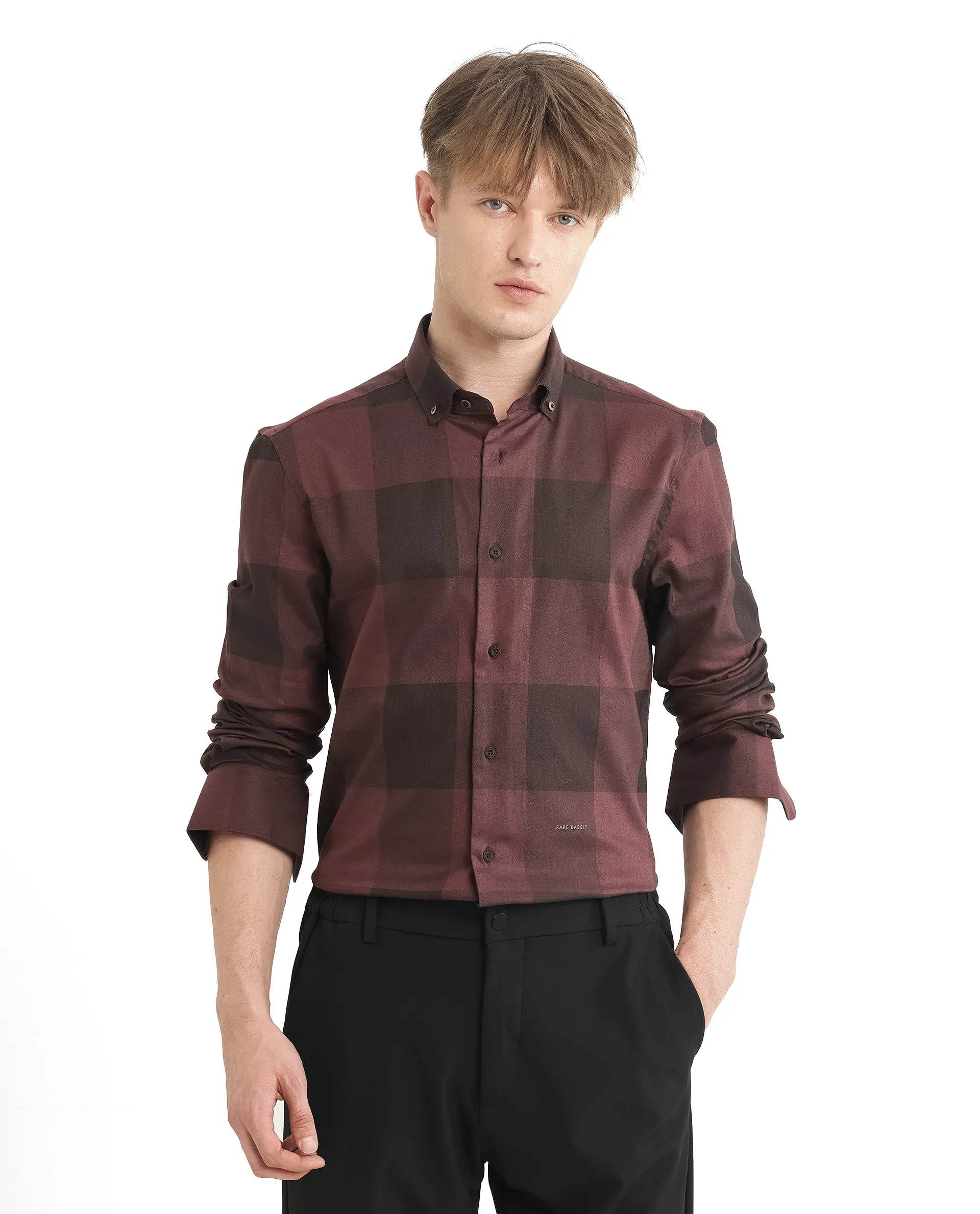 Rare Rabbit Men Bruce Maroon Cotton Polyester Fabric Full Sleeves Collared Neck Button Closure Plain Shirt