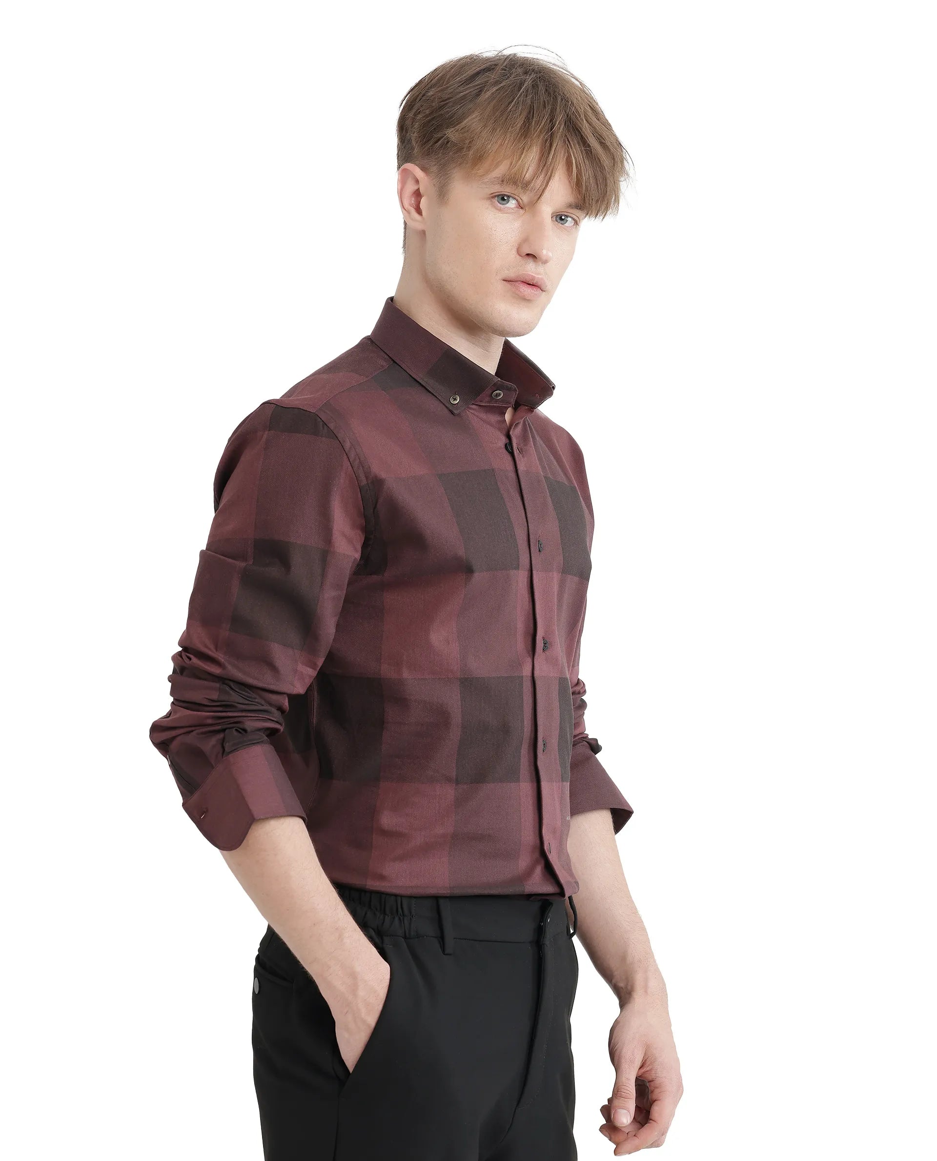Rare Rabbit Men Bruce Maroon Cotton Polyester Fabric Full Sleeves Collared Neck Button Closure Plain Shirt