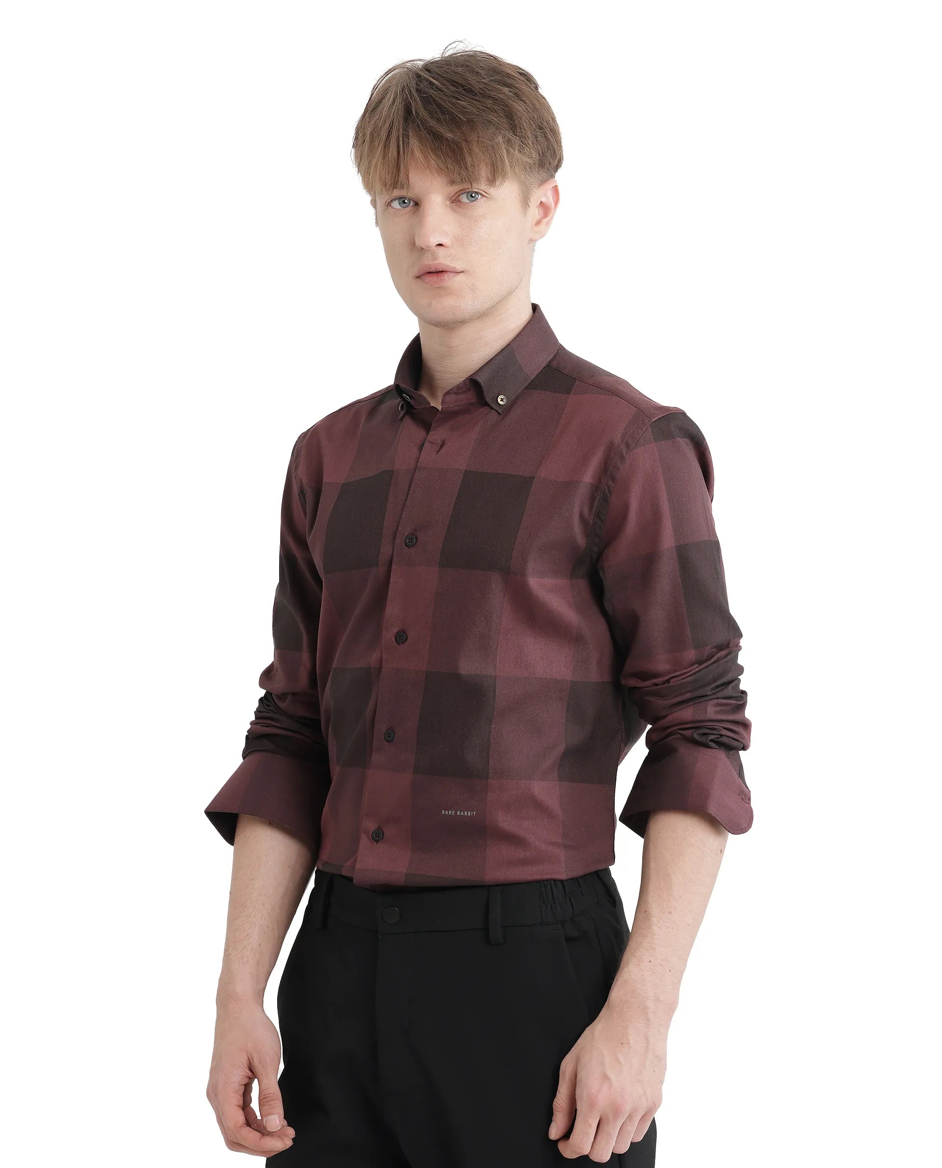 Rare Rabbit Men Bruce Maroon Cotton Polyester Fabric Full Sleeves Collared Neck Button Closure Plain Shirt