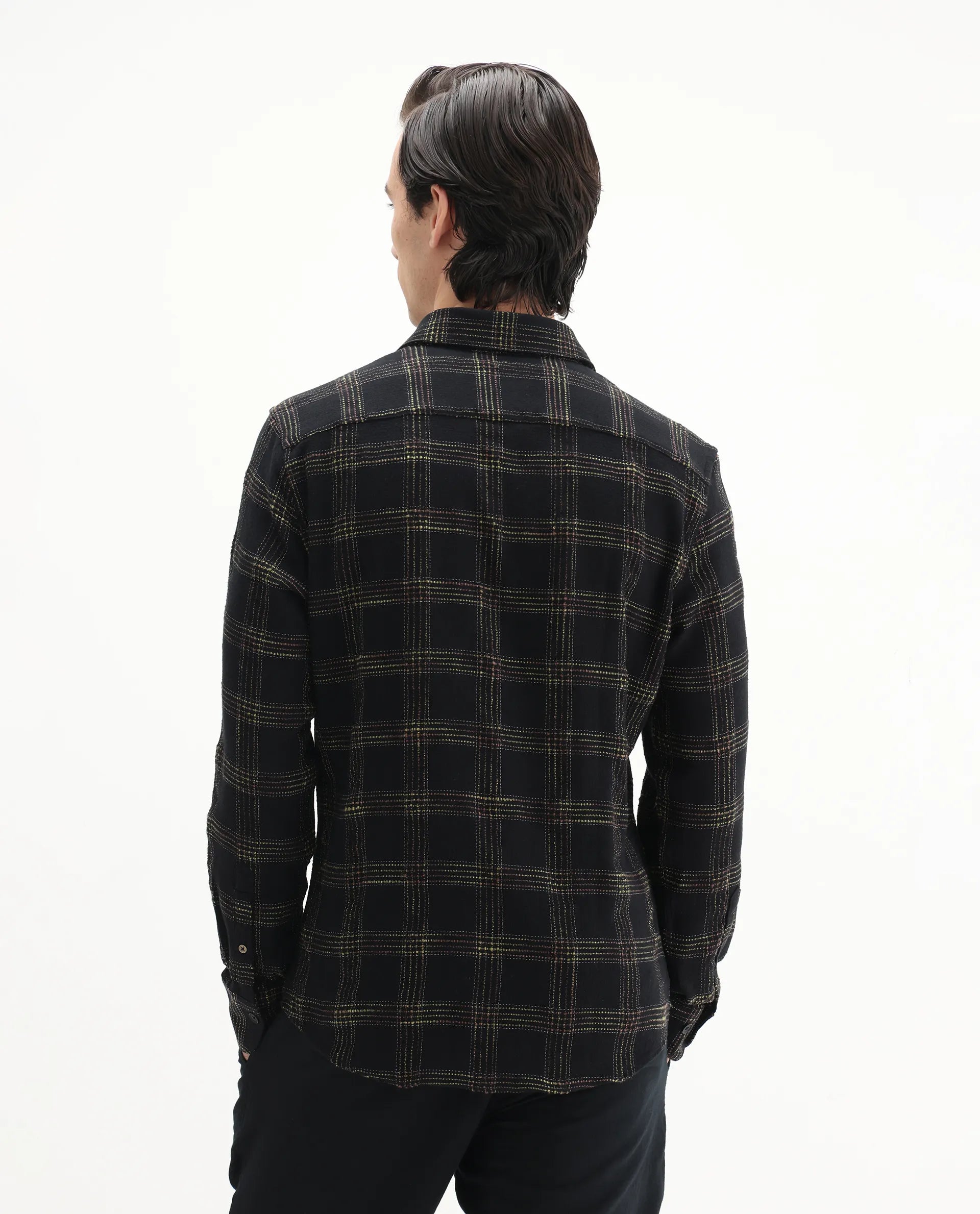 Rare Rabbit Men's Brule Black Polyester Blend Checked Print Regular Fit Full Sleeve Collared Shirt