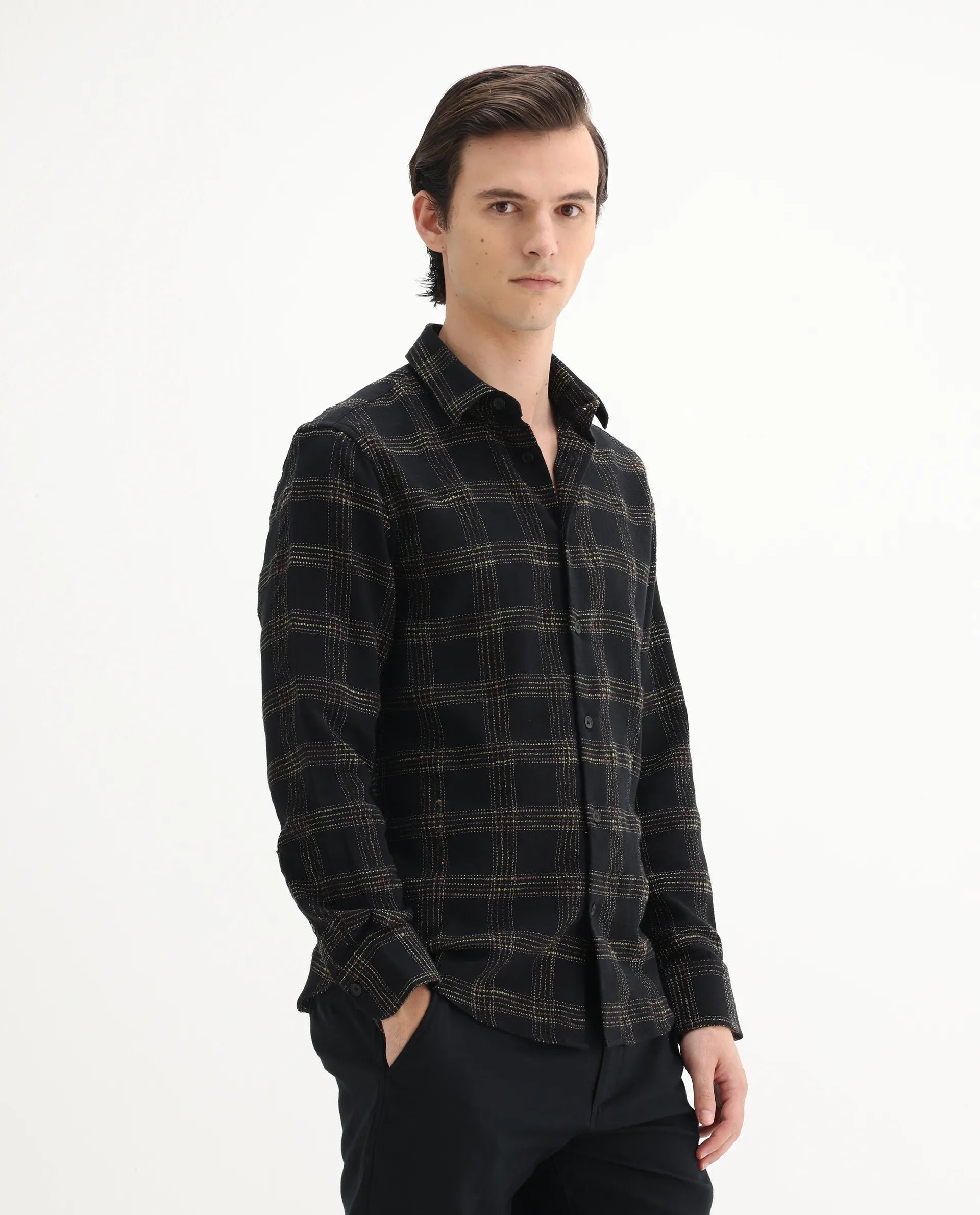 Rare Rabbit Men's Brule Black Polyester Blend Checked Print Regular Fit Full Sleeve Collared Shirt