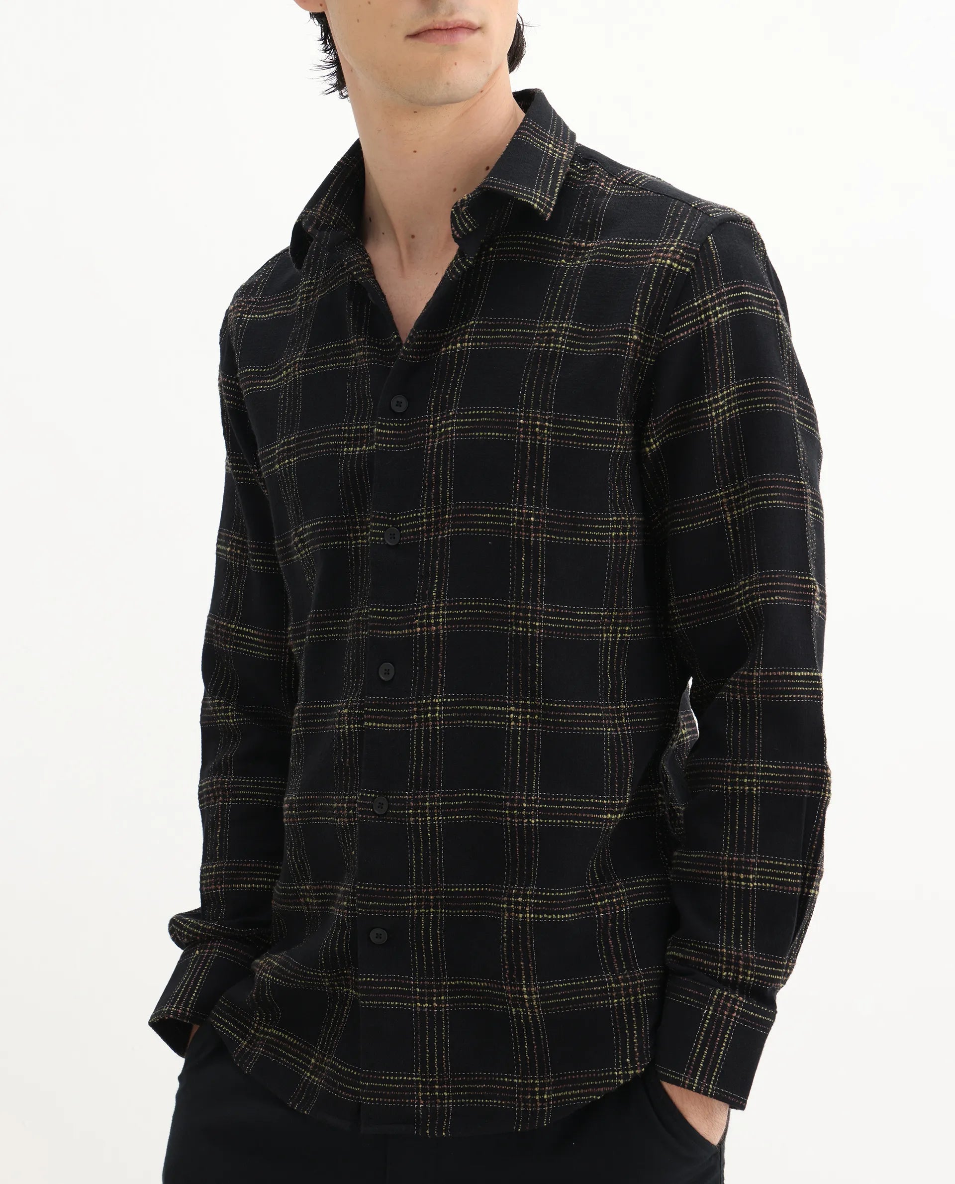 Rare Rabbit Men's Brule Black Polyester Blend Checked Print Regular Fit Full Sleeve Collared Shirt