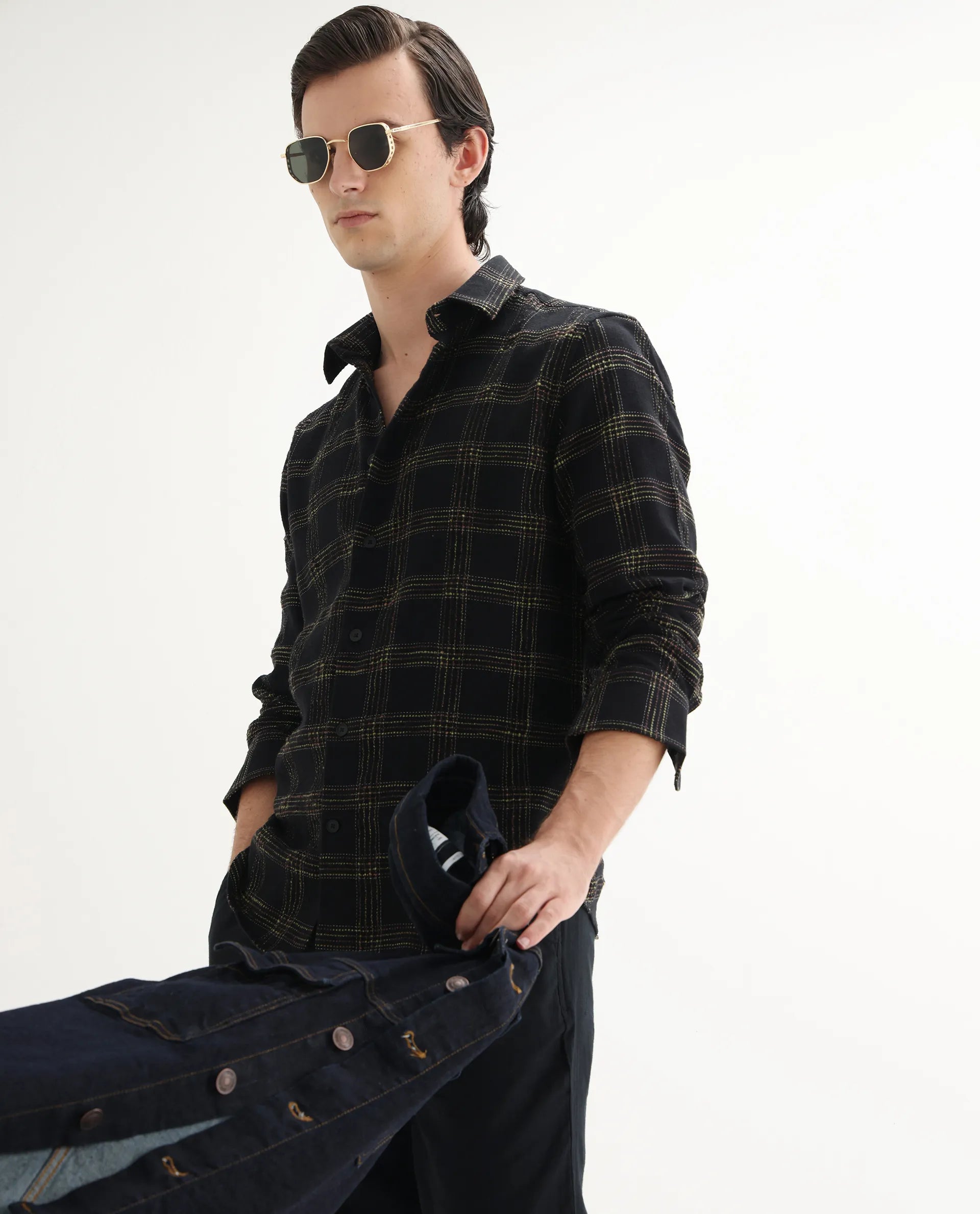 Rare Rabbit Men's Brule Black Polyester Blend Checked Print Regular Fit Full Sleeve Collared Shirt