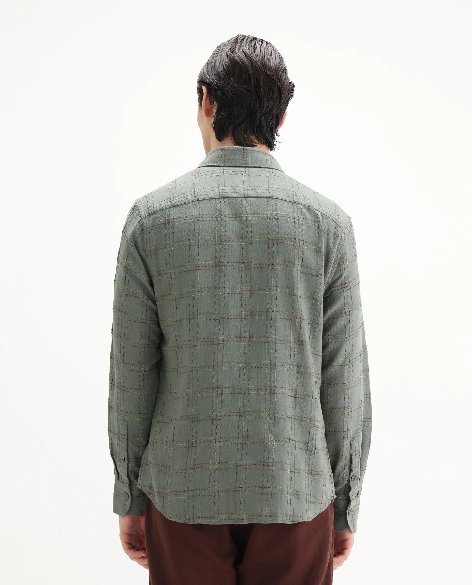 Rare Rabbit Men's Brule Green Polyester Blend Checked Print Regular Fit Full Sleeve Collared Shirt