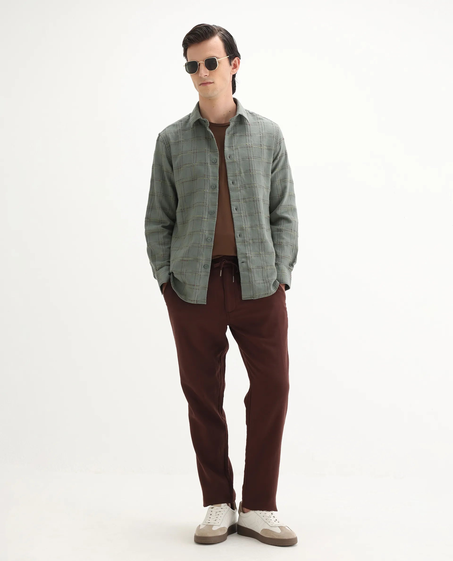 Rare Rabbit Men's Brule Green Polyester Blend Checked Print Regular Fit Full Sleeve Collared Shirt