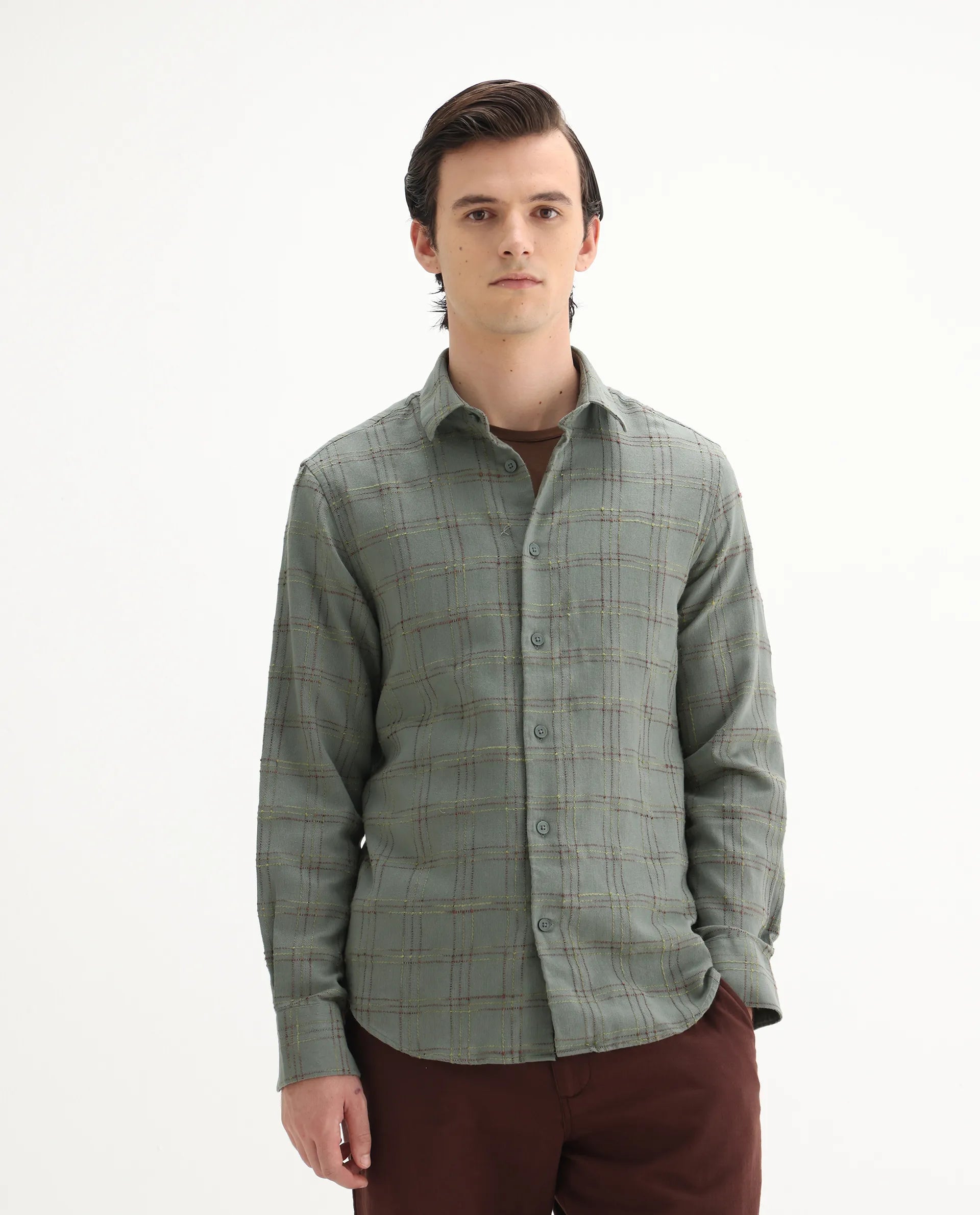 Rare Rabbit Men's Brule Green Polyester Blend Checked Print Regular Fit Full Sleeve Collared Shirt