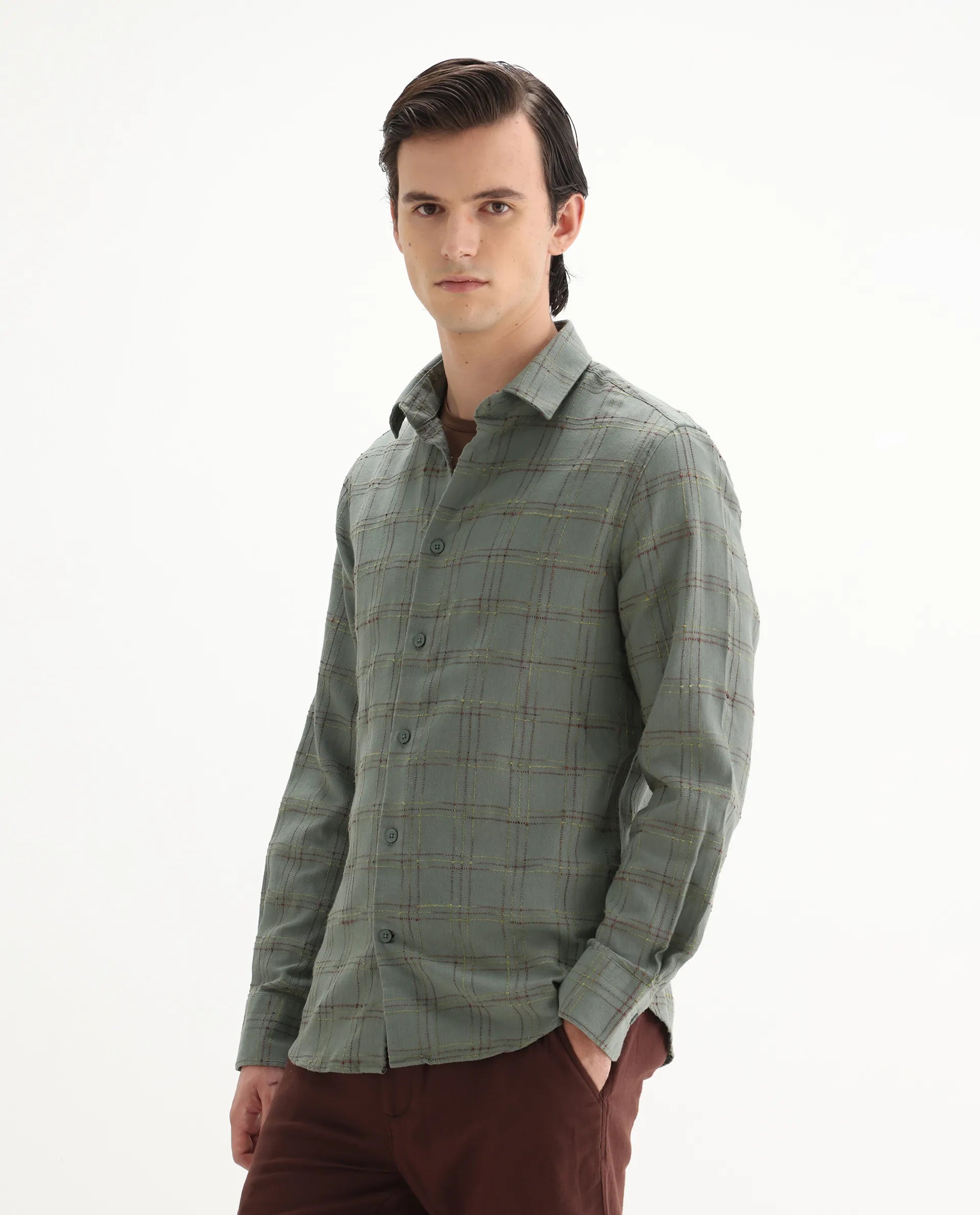 Rare Rabbit Men's Brule Green Polyester Blend Checked Print Regular Fit Full Sleeve Collared Shirt