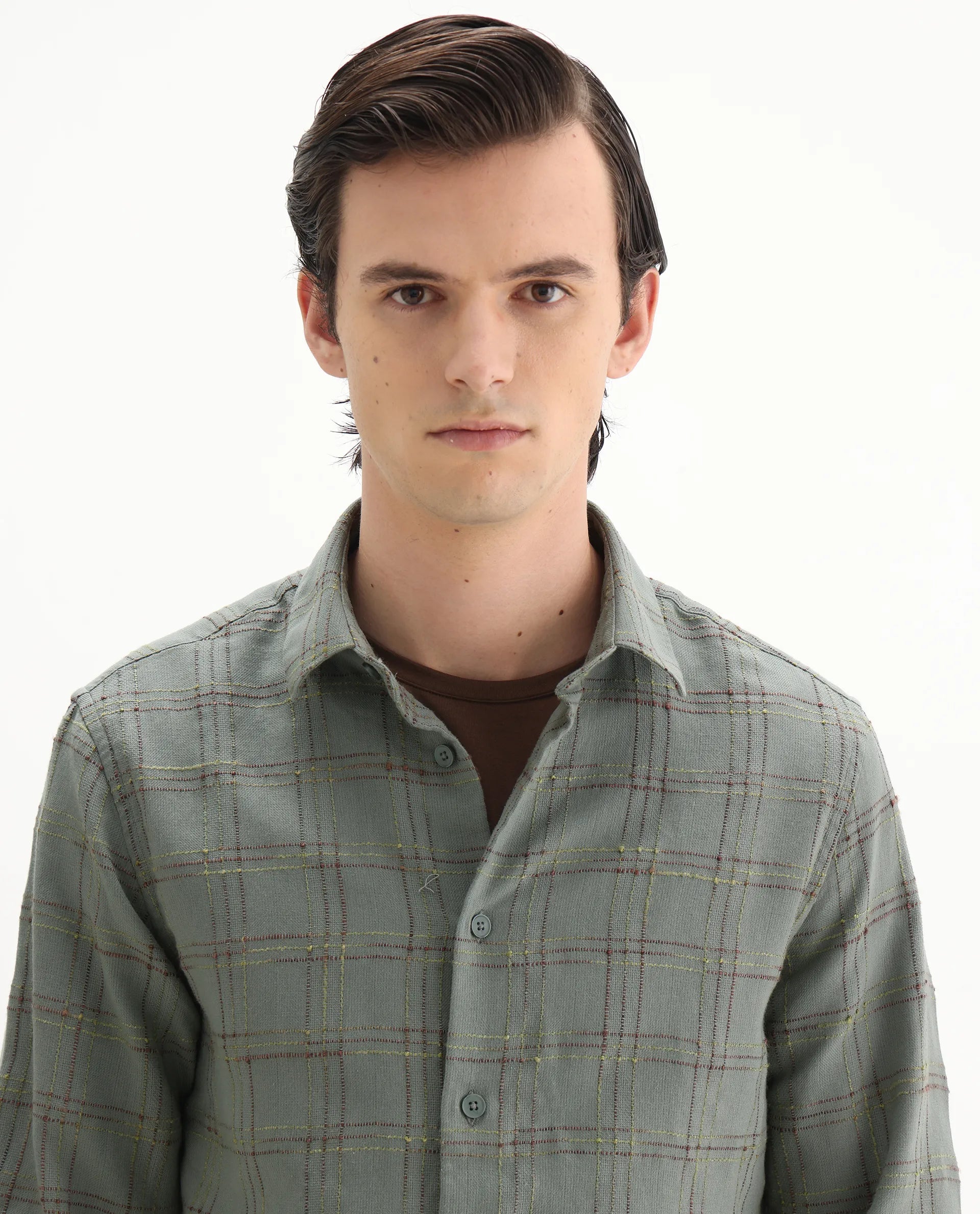 Rare Rabbit Men's Brule Green Polyester Blend Checked Print Regular Fit Full Sleeve Collared Shirt