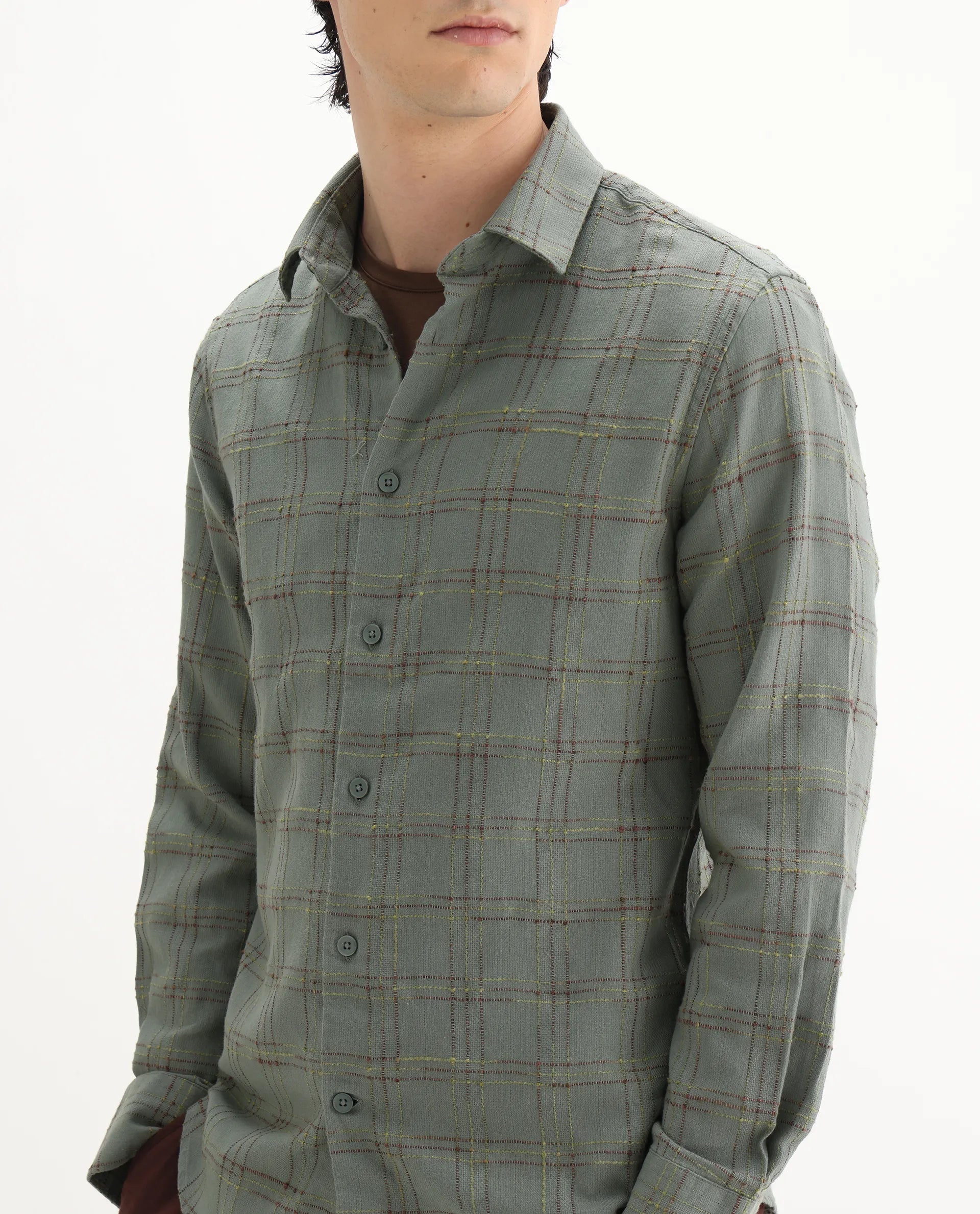 Rare Rabbit Men's Brule Green Polyester Blend Checked Print Regular Fit Full Sleeve Collared Shirt