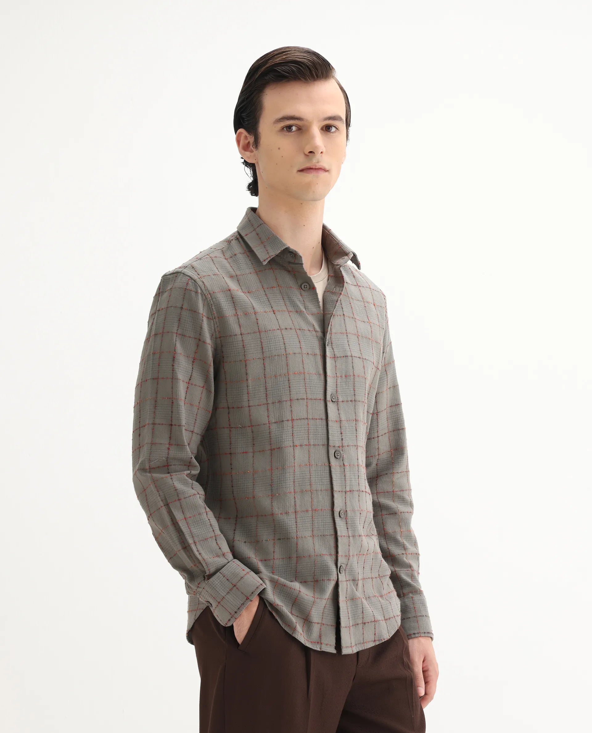 Rare Rabbit Men's Brule Grey Polyester Blend Checked Print Regular Fit Full Sleeve Collared Shirt