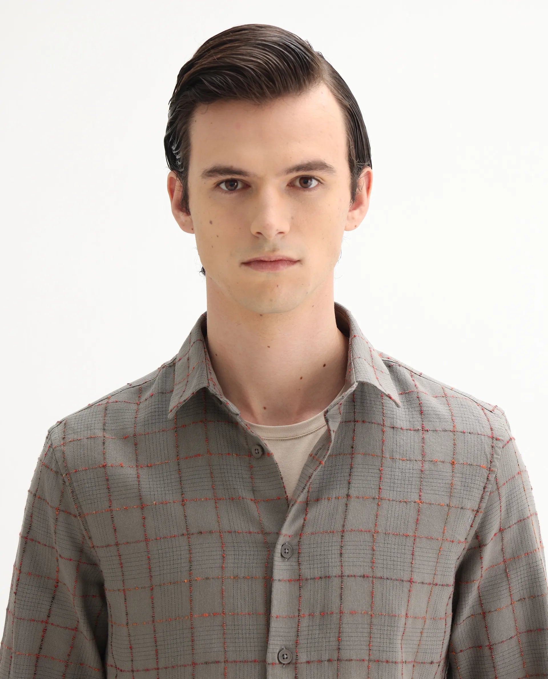 Rare Rabbit Men's Brule Grey Polyester Blend Checked Print Regular Fit Full Sleeve Collared Shirt