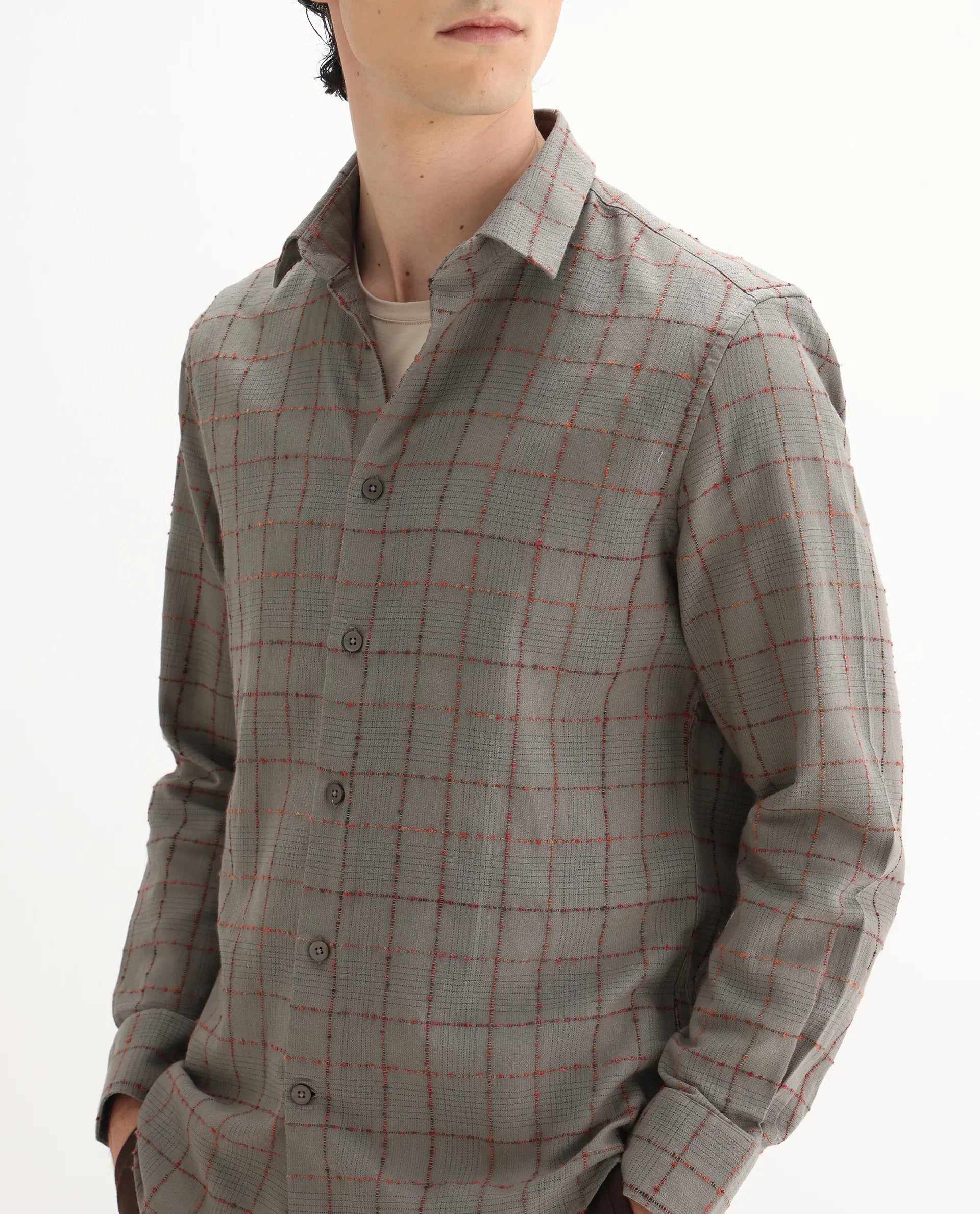 Rare Rabbit Men's Brule Grey Polyester Blend Checked Print Regular Fit Full Sleeve Collared Shirt