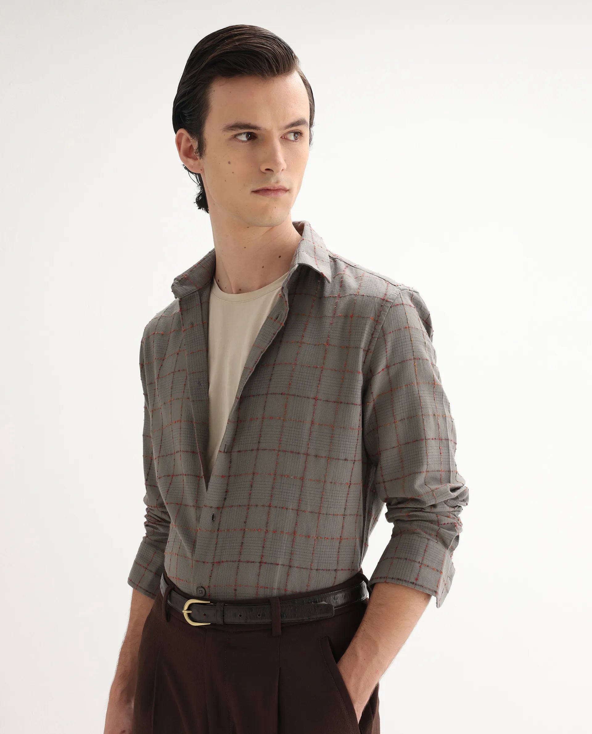 Rare Rabbit Men's Brule Grey Polyester Blend Checked Print Regular Fit Full Sleeve Collared Shirt