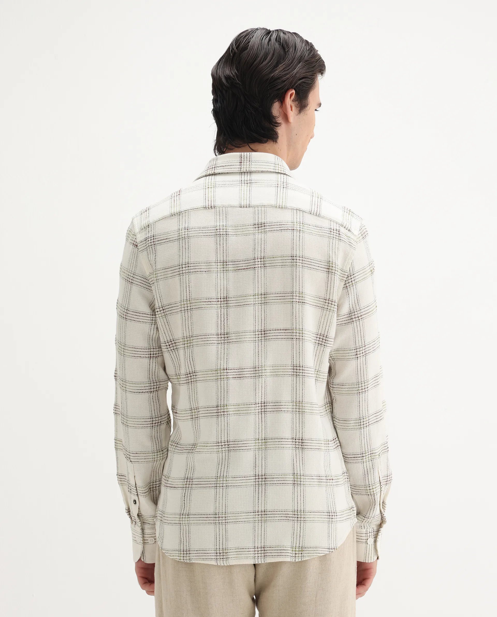 Rare Rabbit Men's Brule White Polyester Blend Checked Print Regular Fit Full Sleeve Collared Shirt