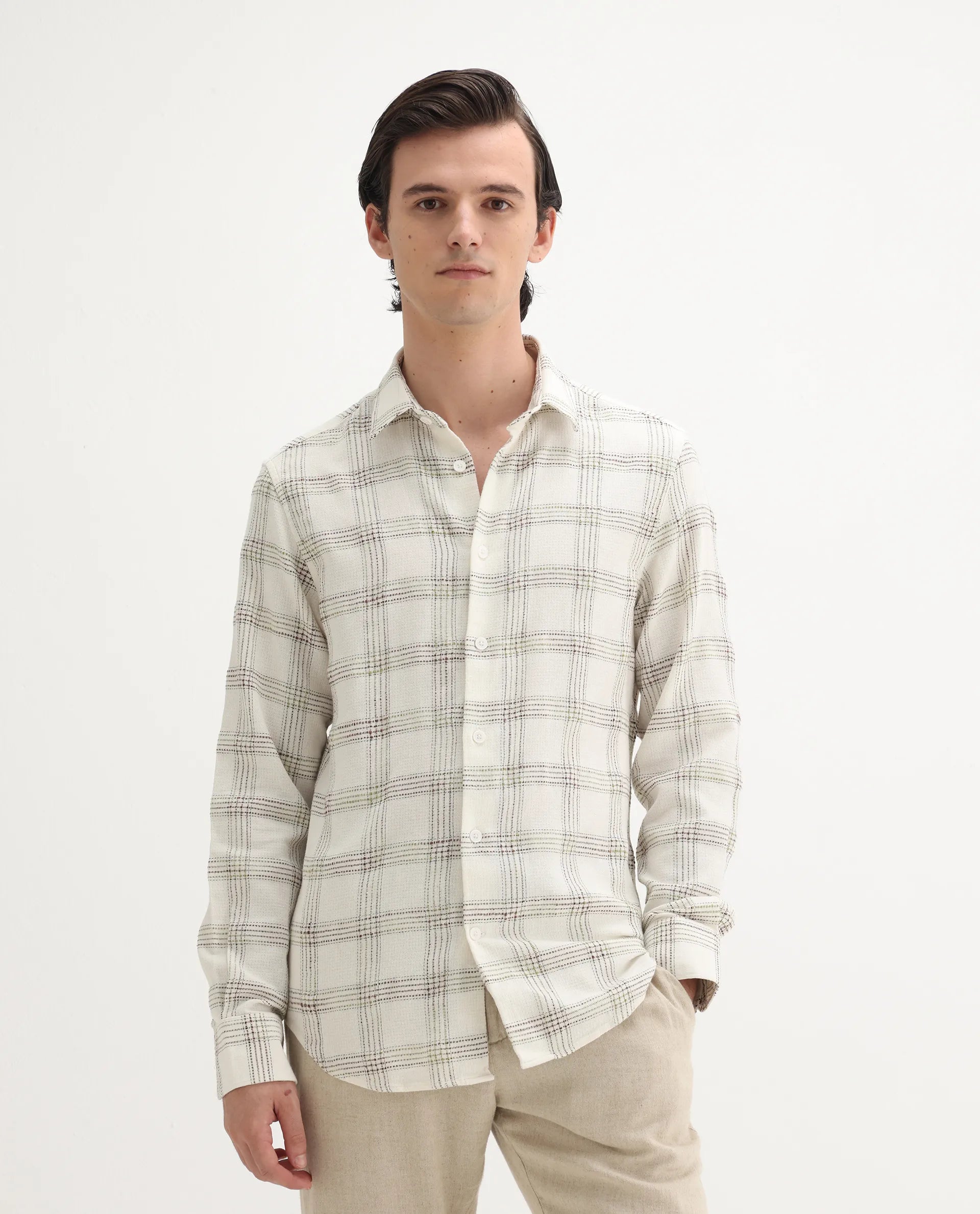 Rare Rabbit Men's Brule White Polyester Blend Checked Print Regular Fit Full Sleeve Collared Shirt