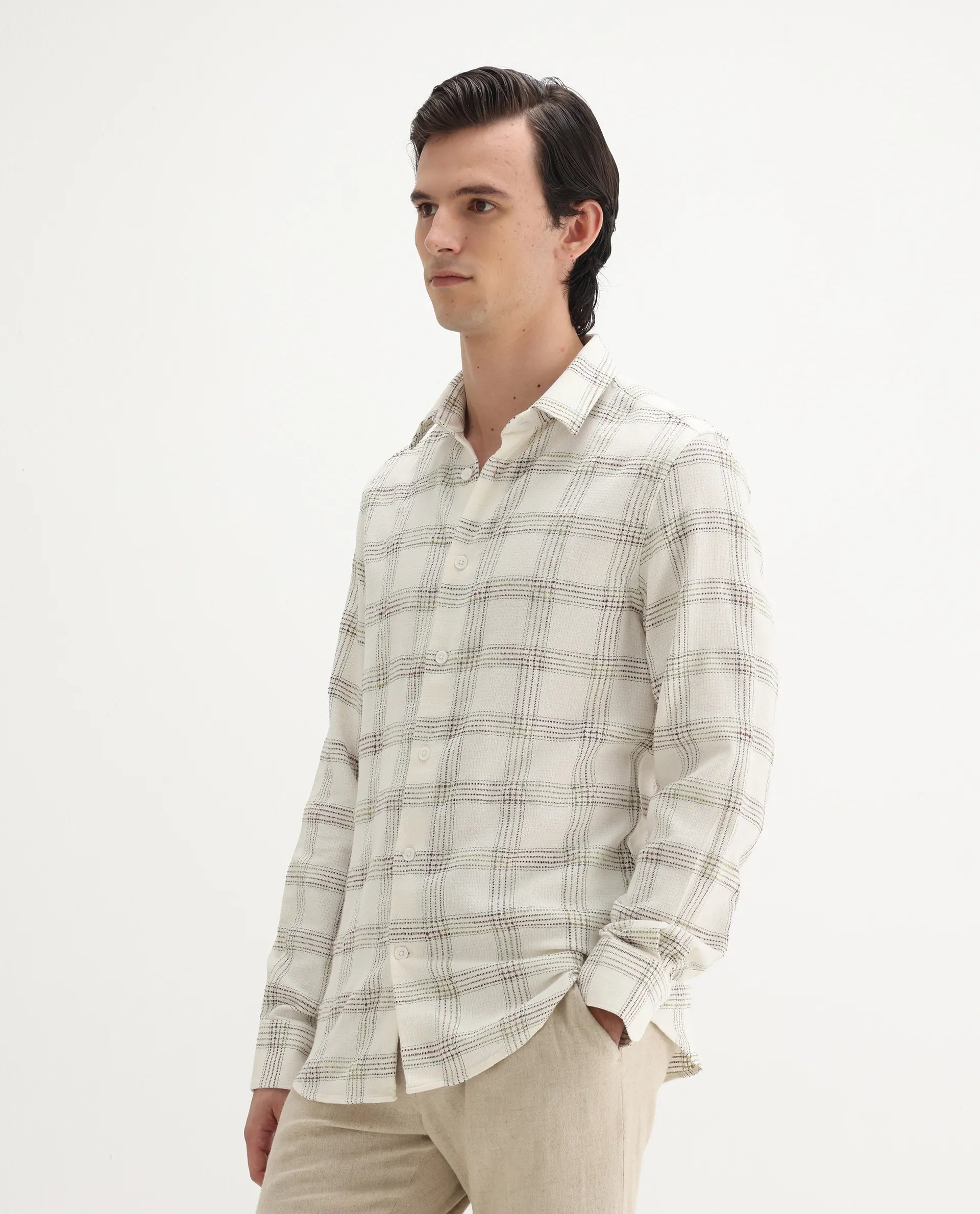 Rare Rabbit Men's Brule White Polyester Blend Checked Print Regular Fit Full Sleeve Collared Shirt