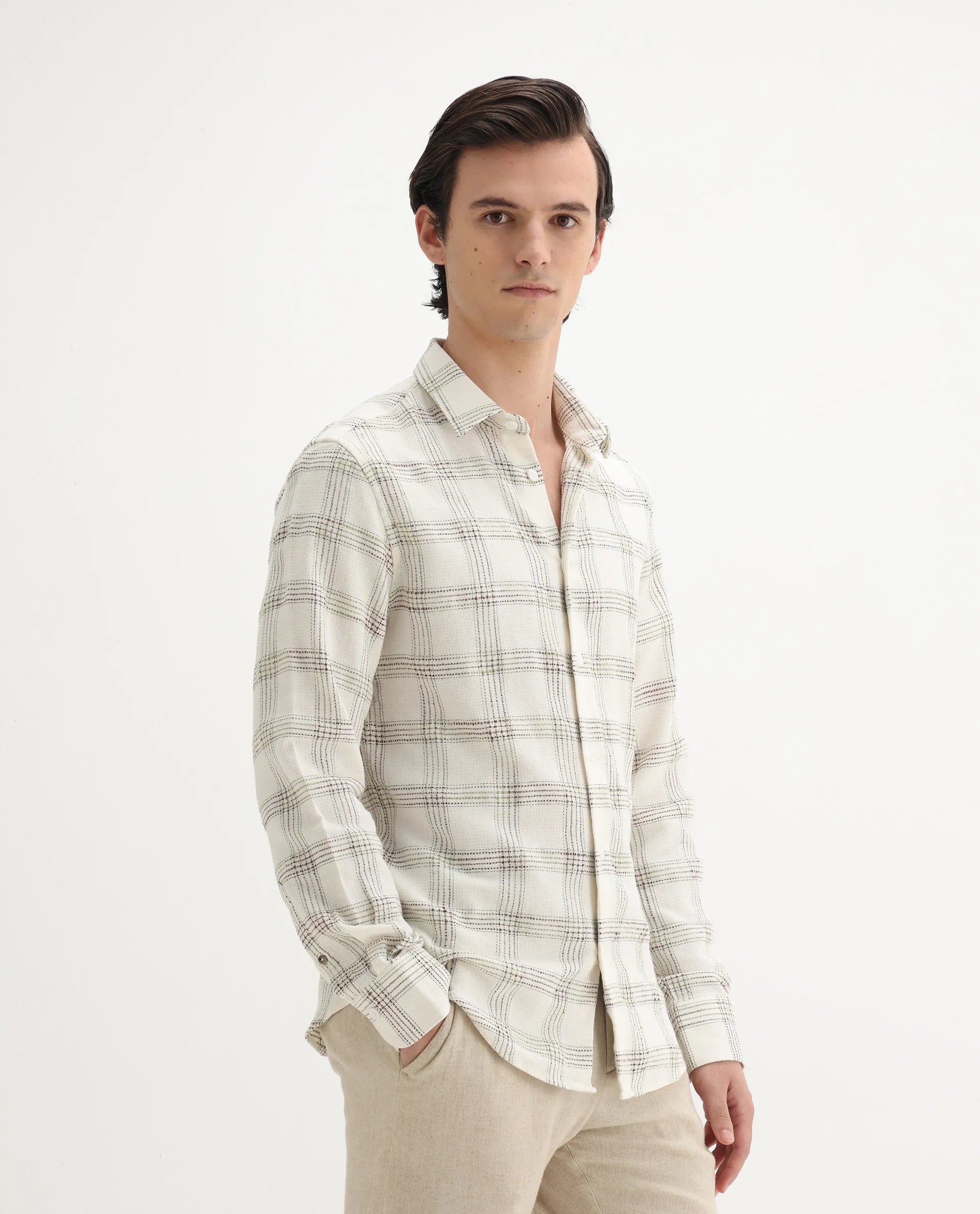 Rare Rabbit Men's Brule White Polyester Blend Checked Print Regular Fit Full Sleeve Collared Shirt