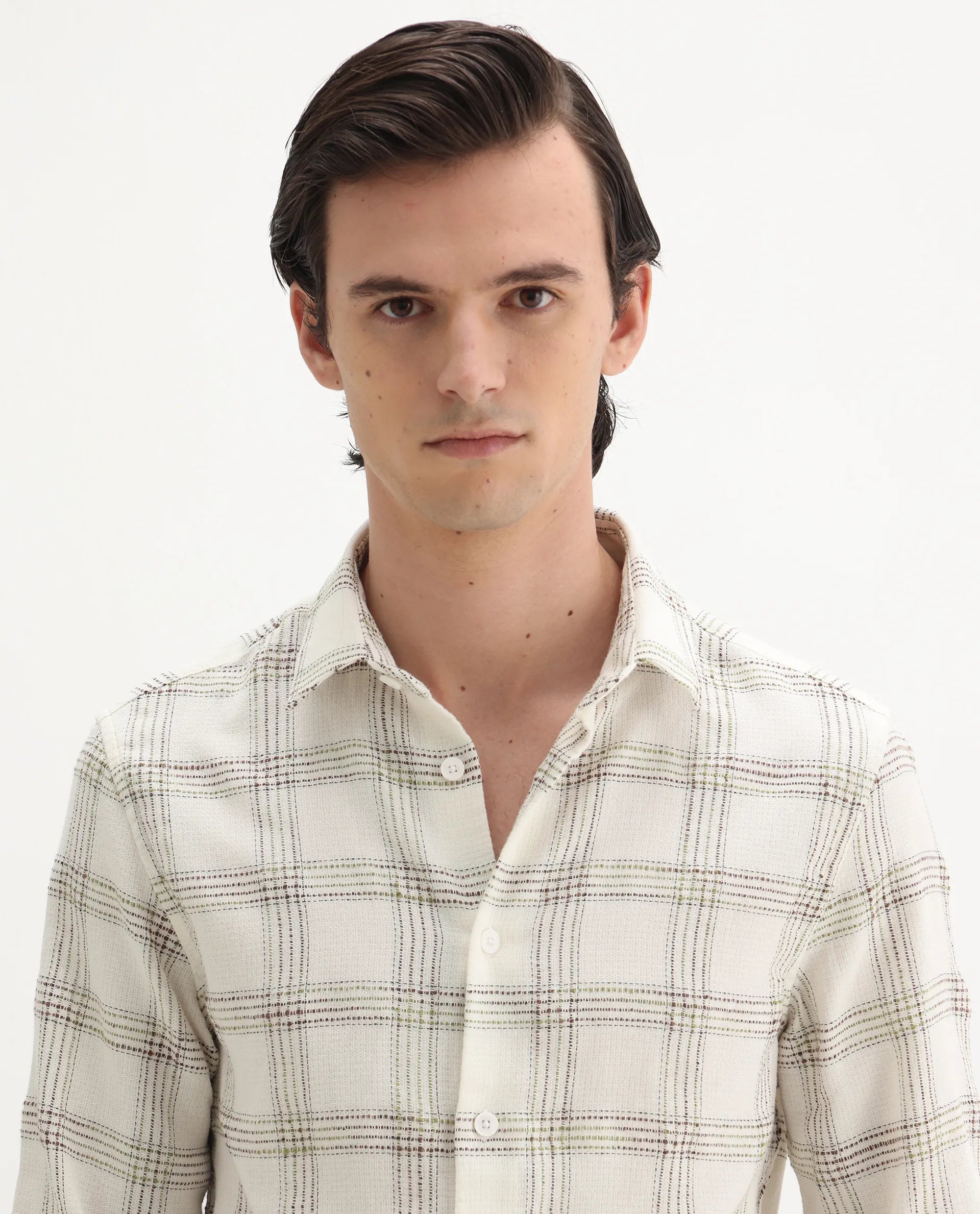 Rare Rabbit Men's Brule White Polyester Blend Checked Print Regular Fit Full Sleeve Collared Shirt