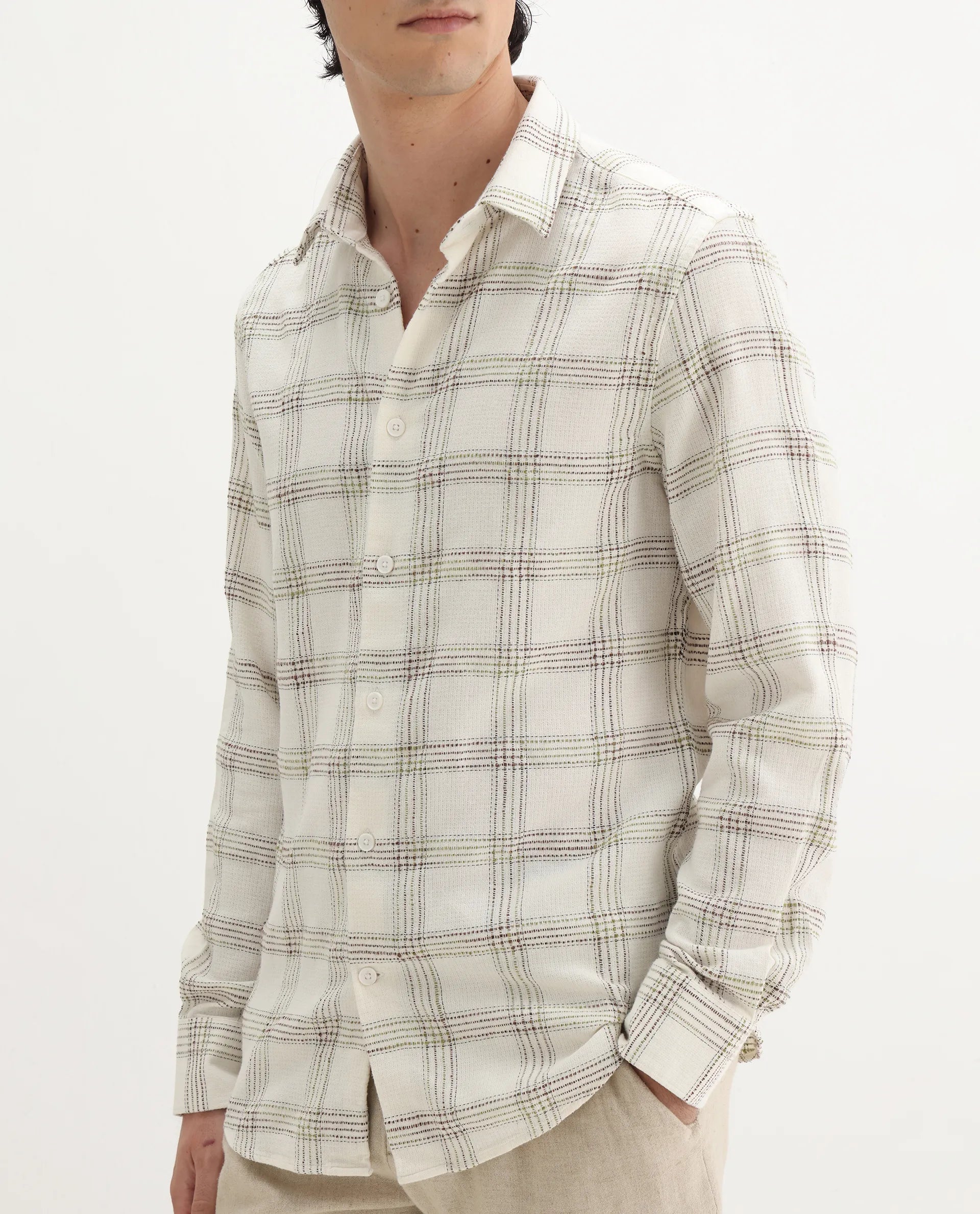 Rare Rabbit Men's Brule White Polyester Blend Checked Print Regular Fit Full Sleeve Collared Shirt